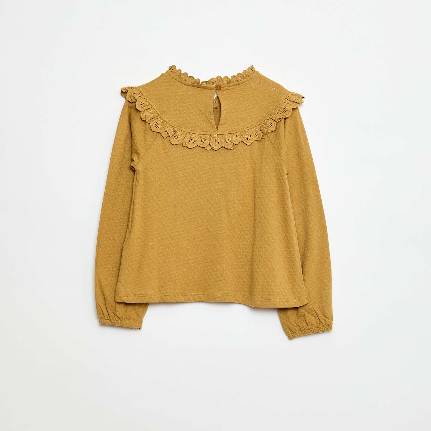 Blouse manches longues col rond avec plastron volanté avec broderies BEIGE