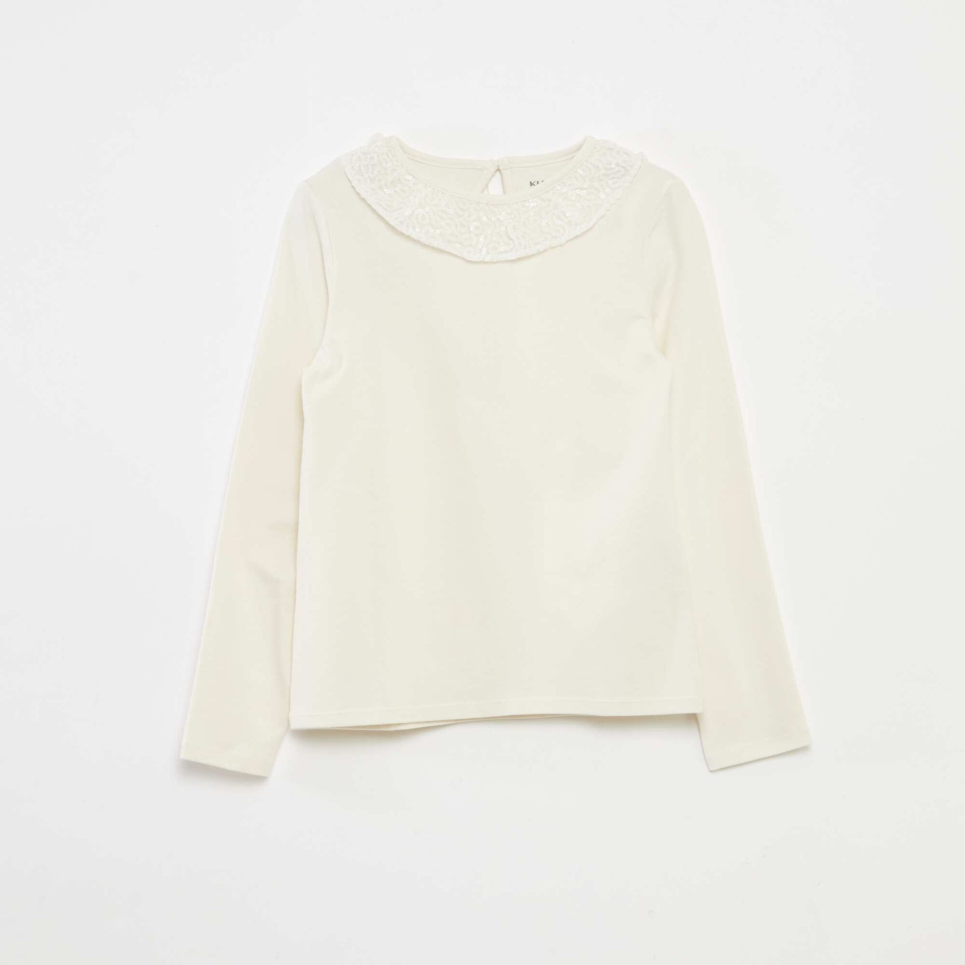 T-shirt grand col volanté avec sequins uni BLANC