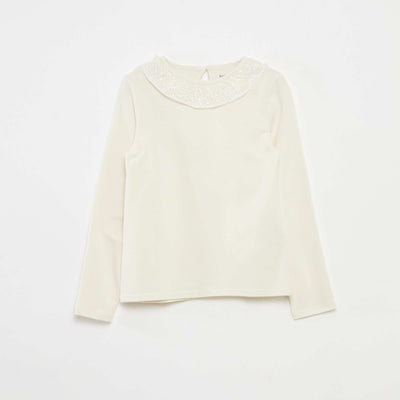 T-shirt grand col volanté avec sequins uni BLANC