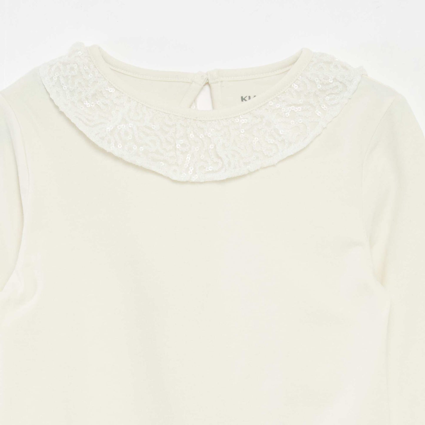 T-shirt grand col volanté avec sequins uni BLANC