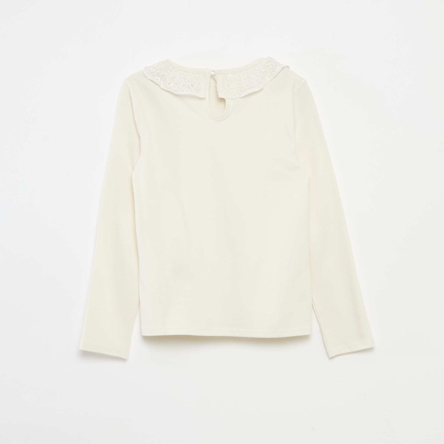 T-shirt grand col volanté avec sequins uni BLANC