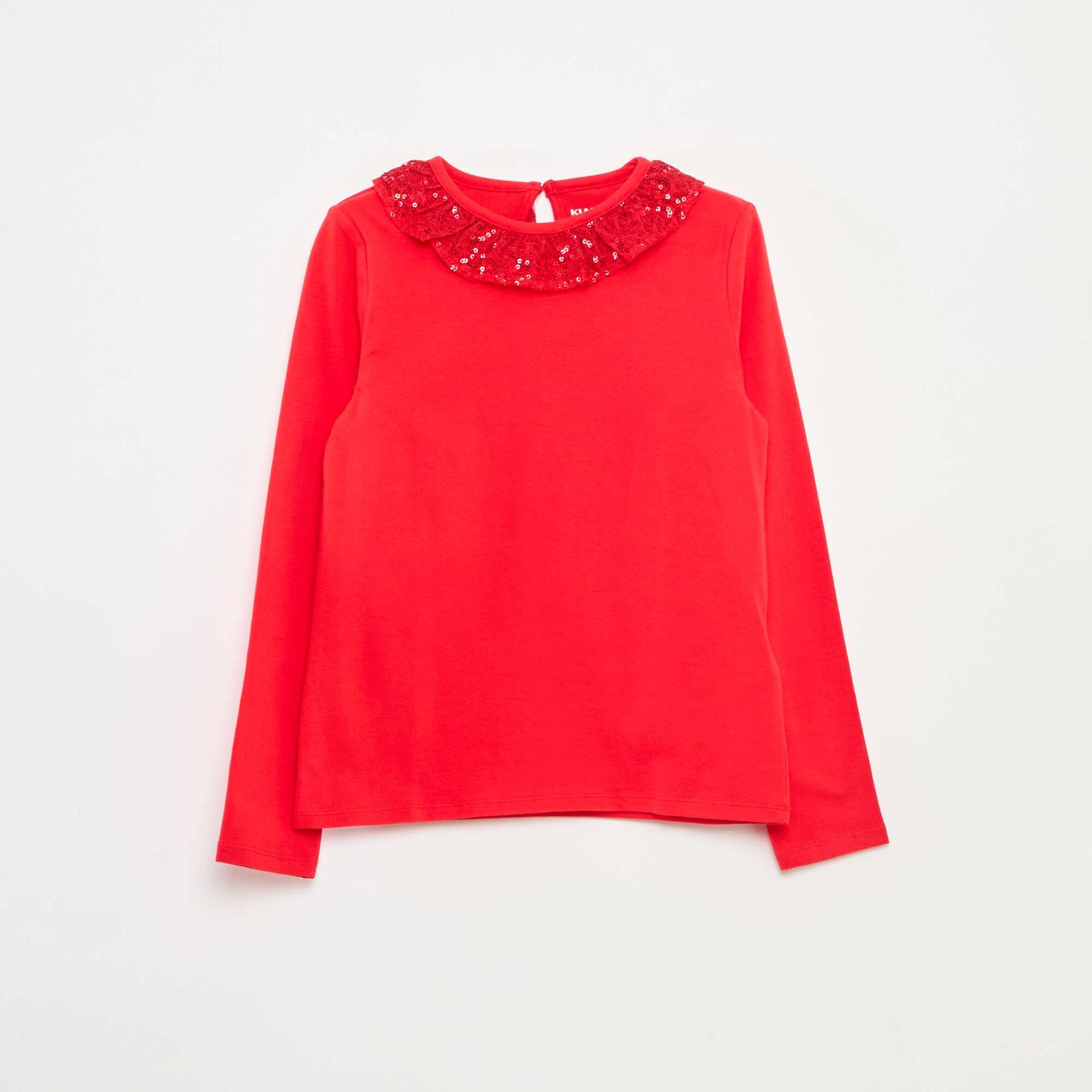 T-shirt grand col volanté avec sequins uni ROUGE