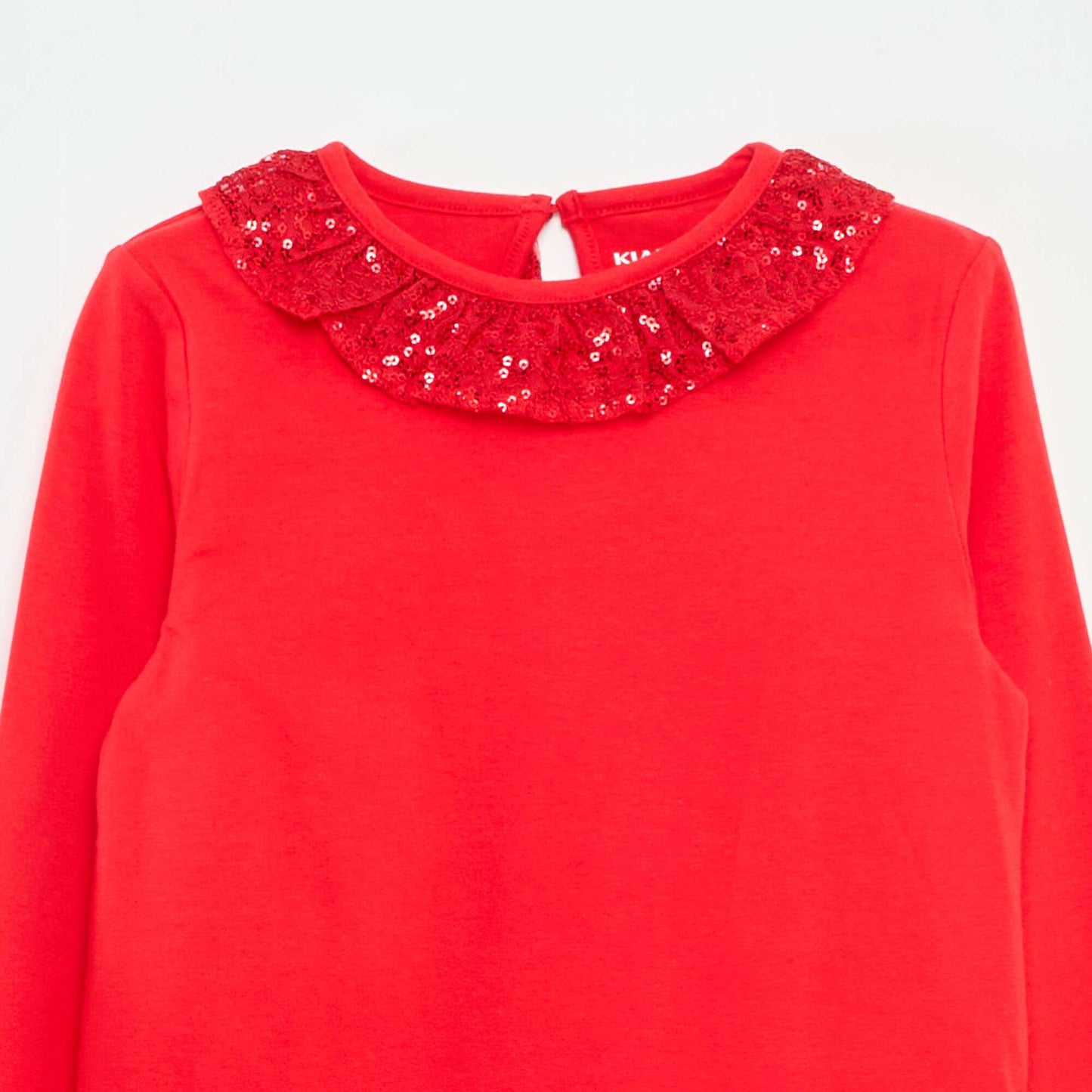 T-shirt grand col volanté avec sequins uni ROUGE
