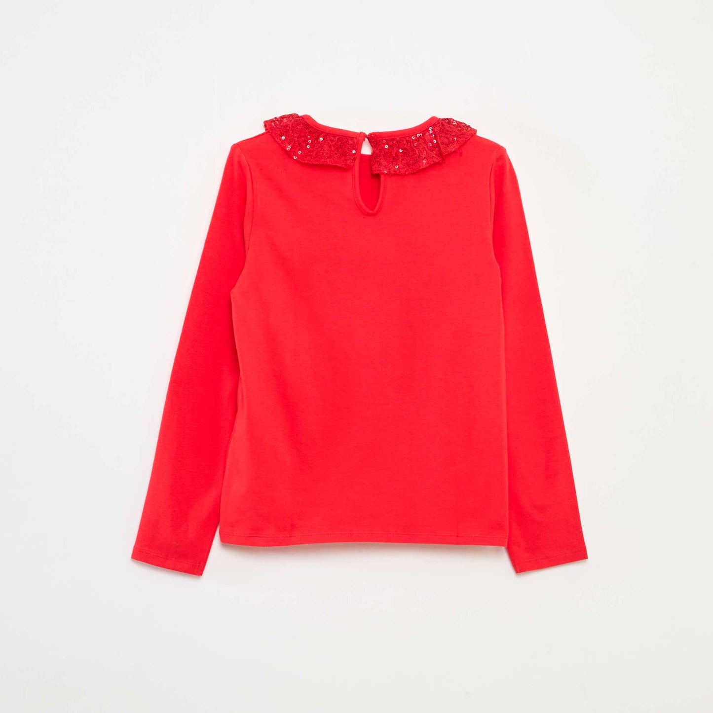 T-shirt grand col volanté avec sequins uni ROUGE