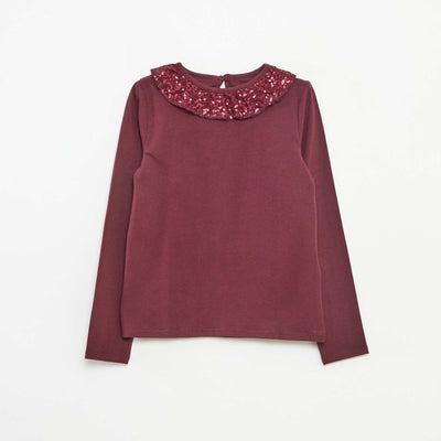 T-shirt grand col volanté avec sequins uni ROUGE