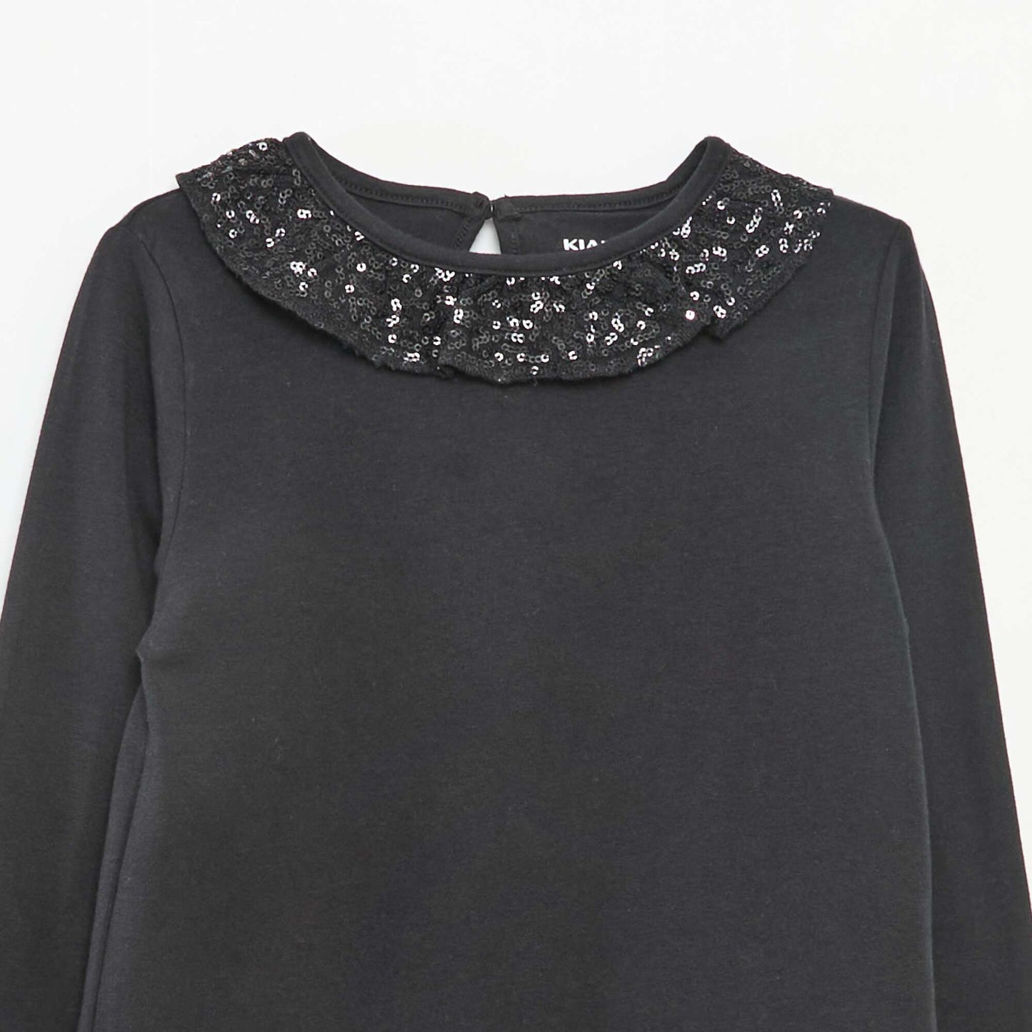 T-shirt grand col volanté avec sequins uni NOIR
