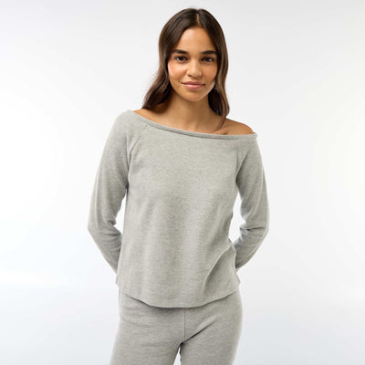 T-shirt en maille doudou avec col bardot GRIS