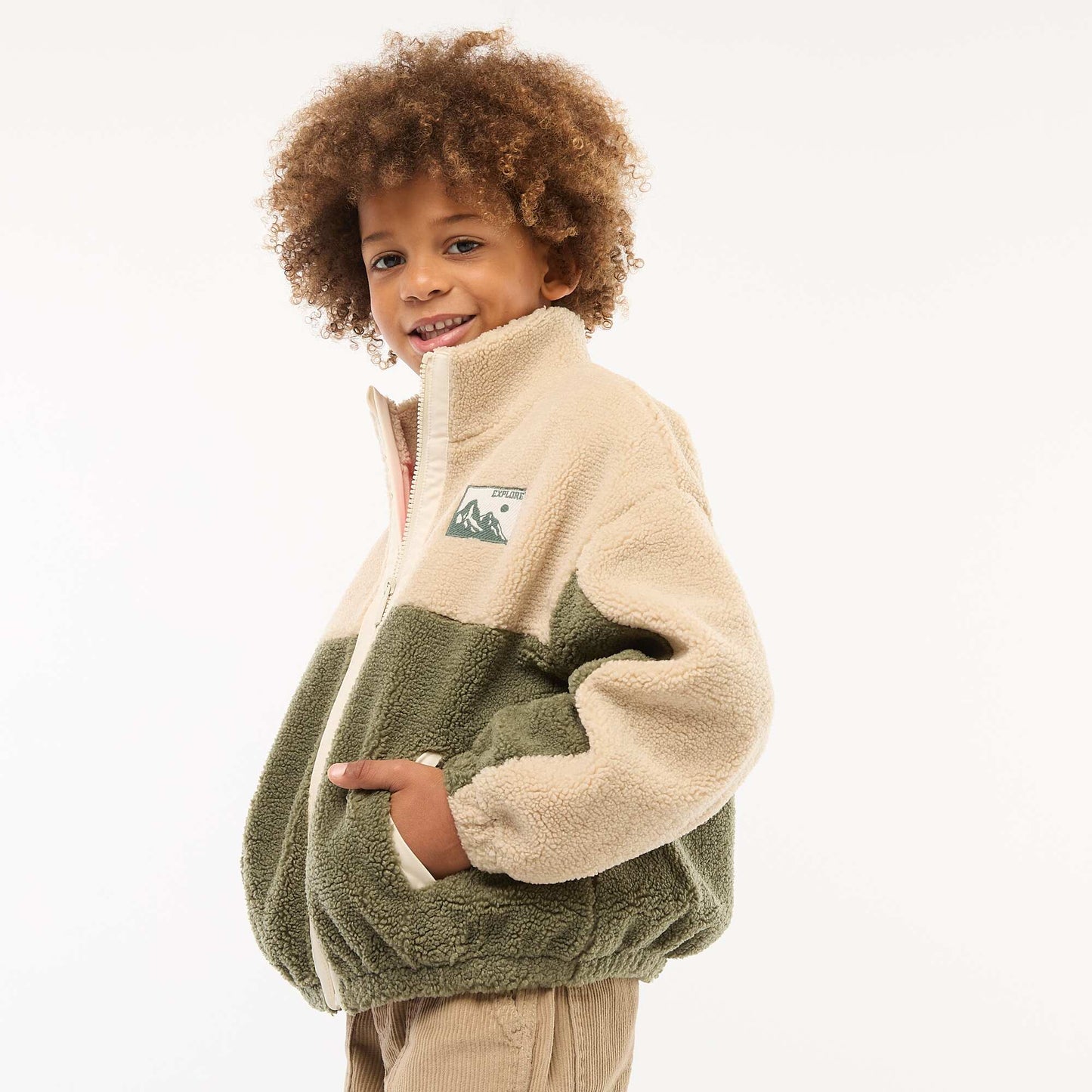 Sweat bicolore en maille bouclette KAKI/BEIGE