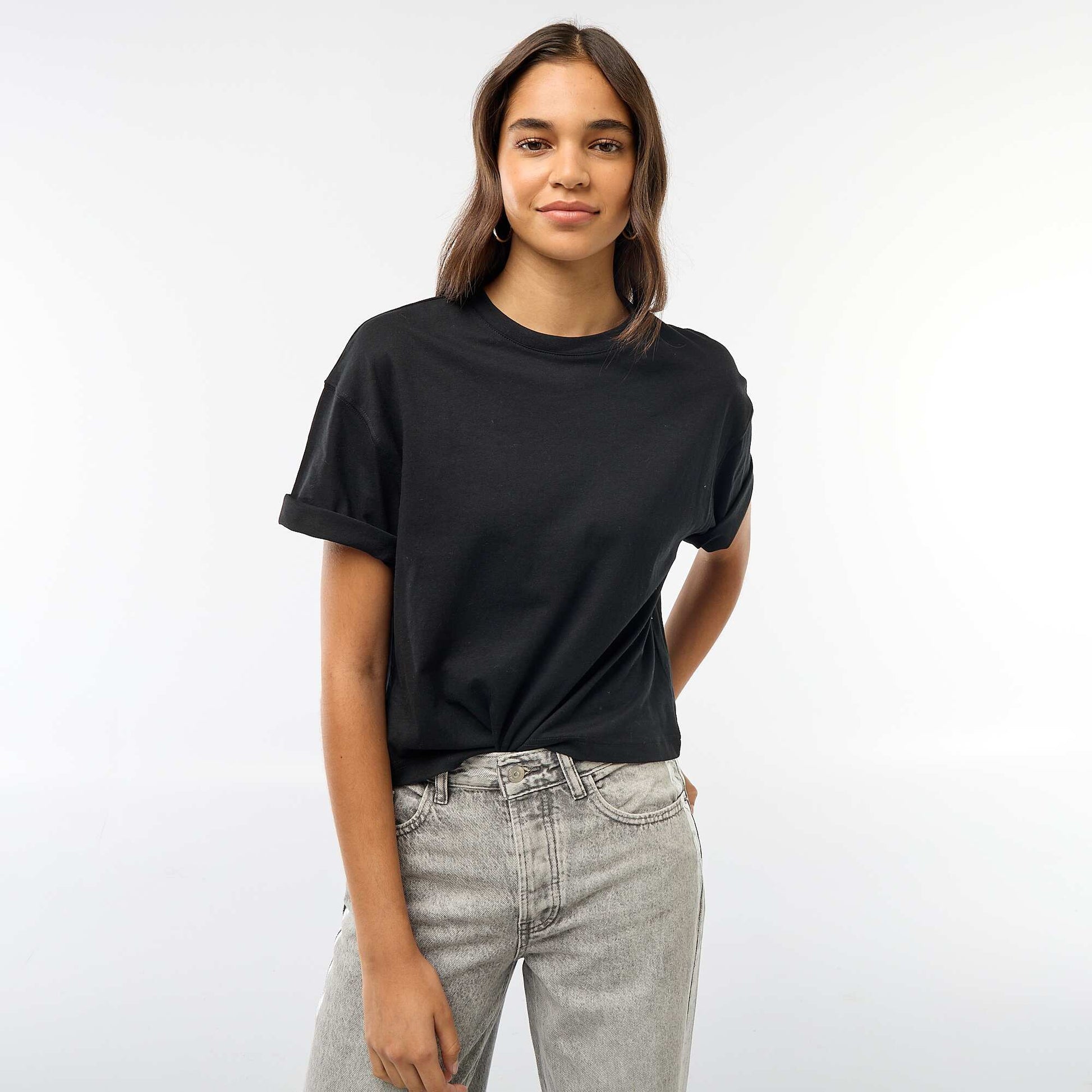 T-shirt cropped uni à manches courtes NOIR