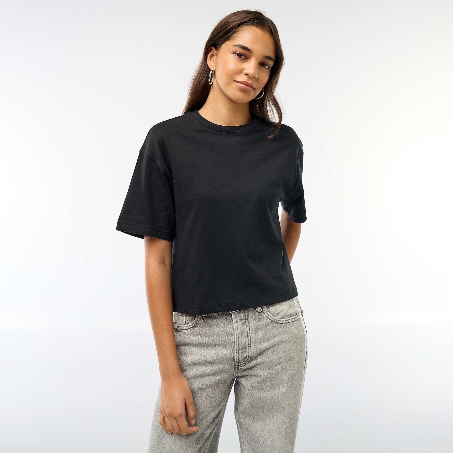 T-shirt cropped uni à manches courtes NOIR