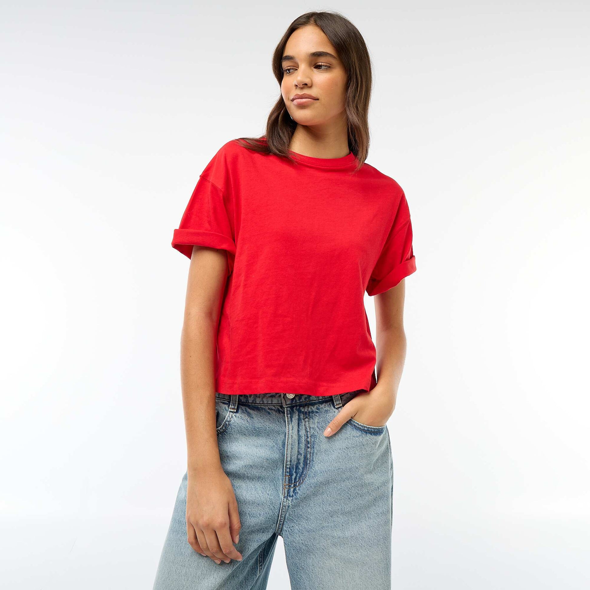 T-shirt cropped uni à manches courtes ROUGE