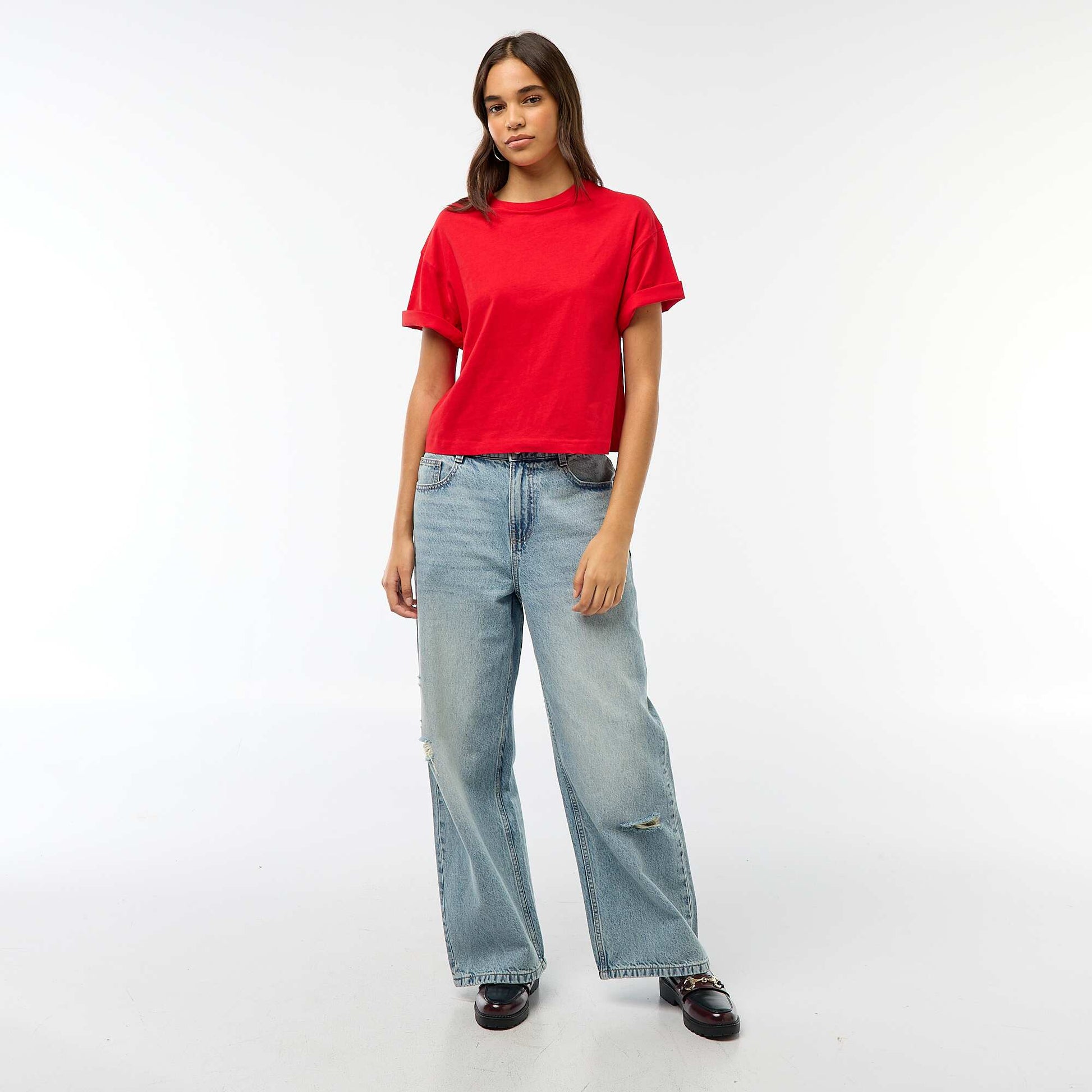 T-shirt cropped uni à manches courtes ROUGE