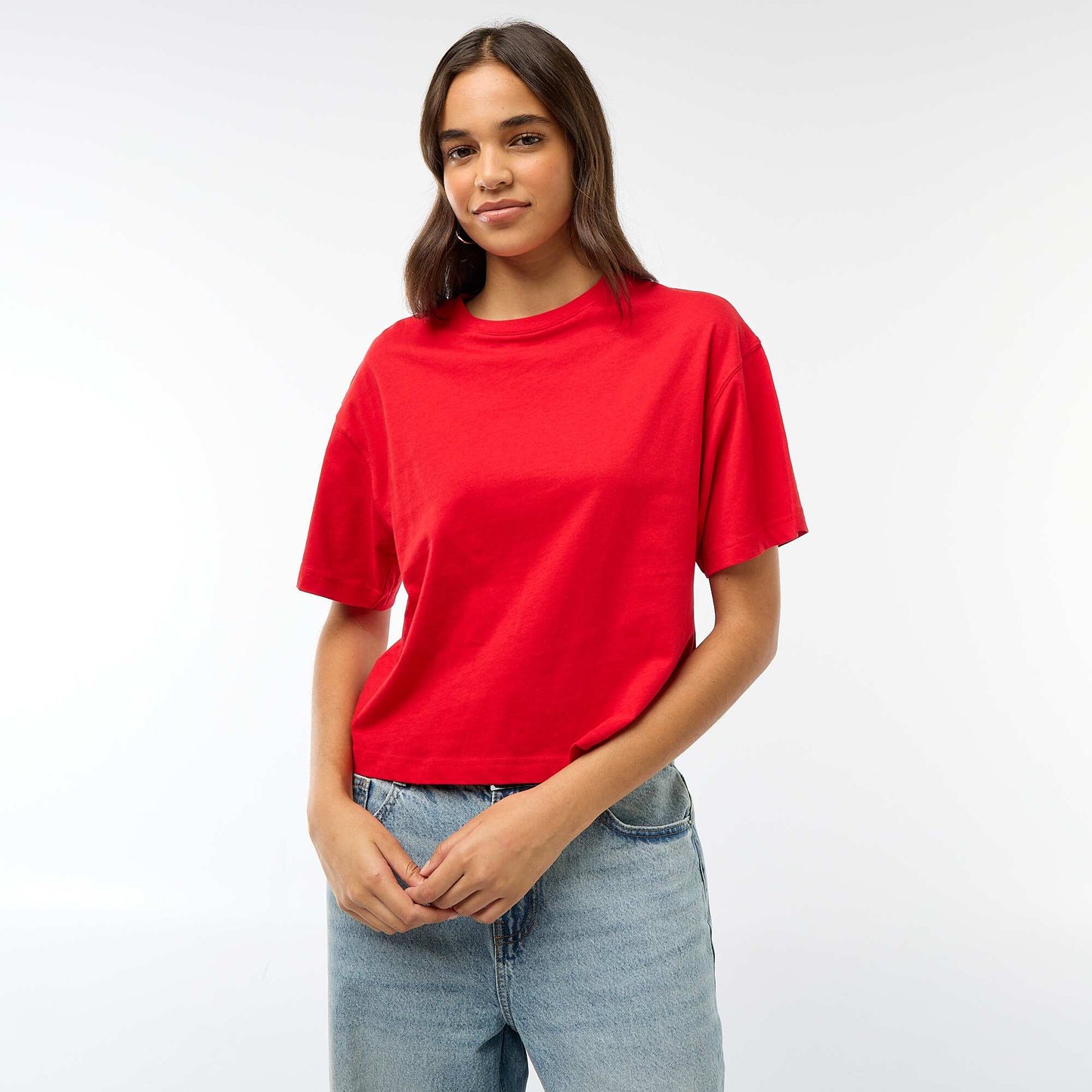 T-shirt cropped uni à manches courtes ROUGE