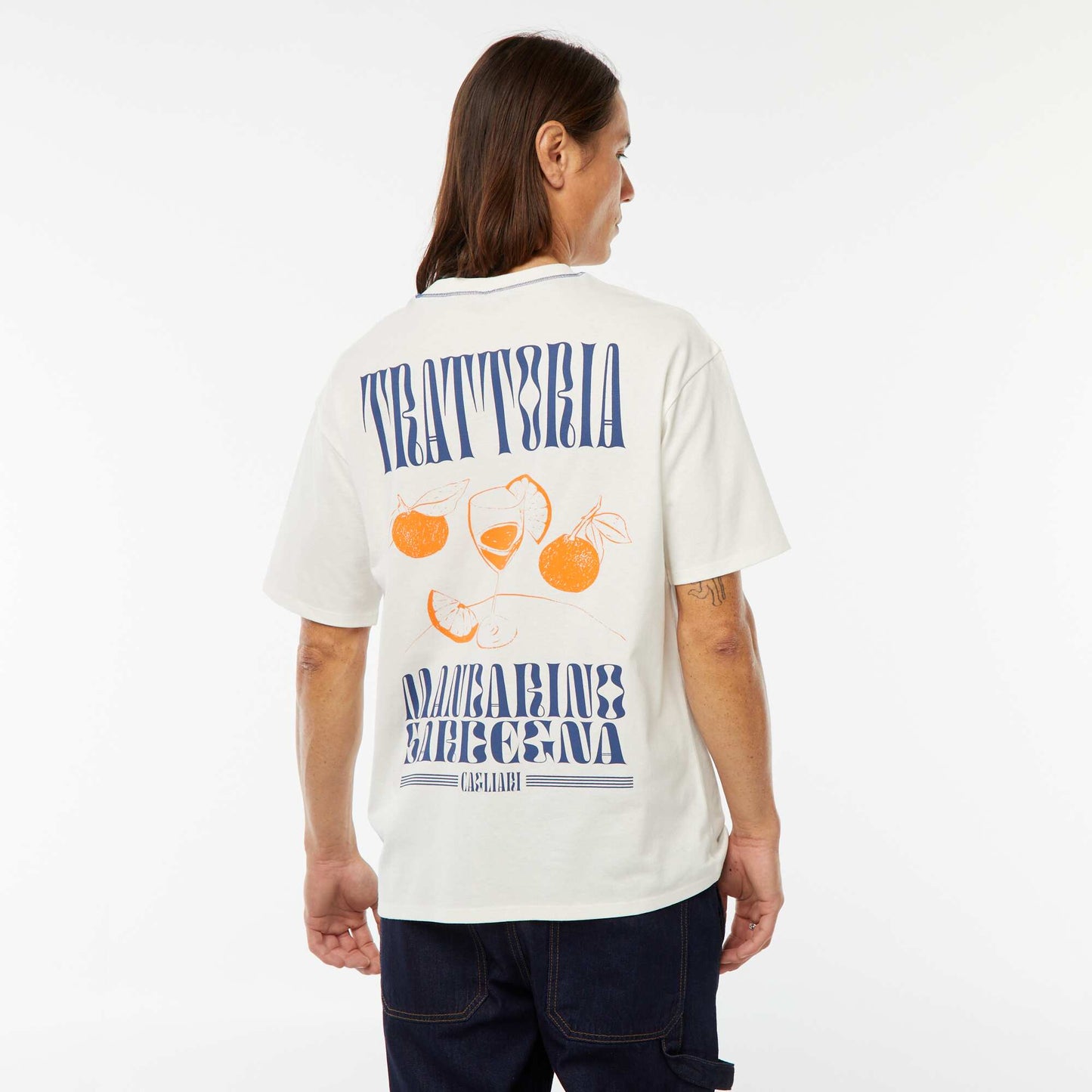 T-shirt imprimé avec broderie poitrine et imprimé au dos BLANC