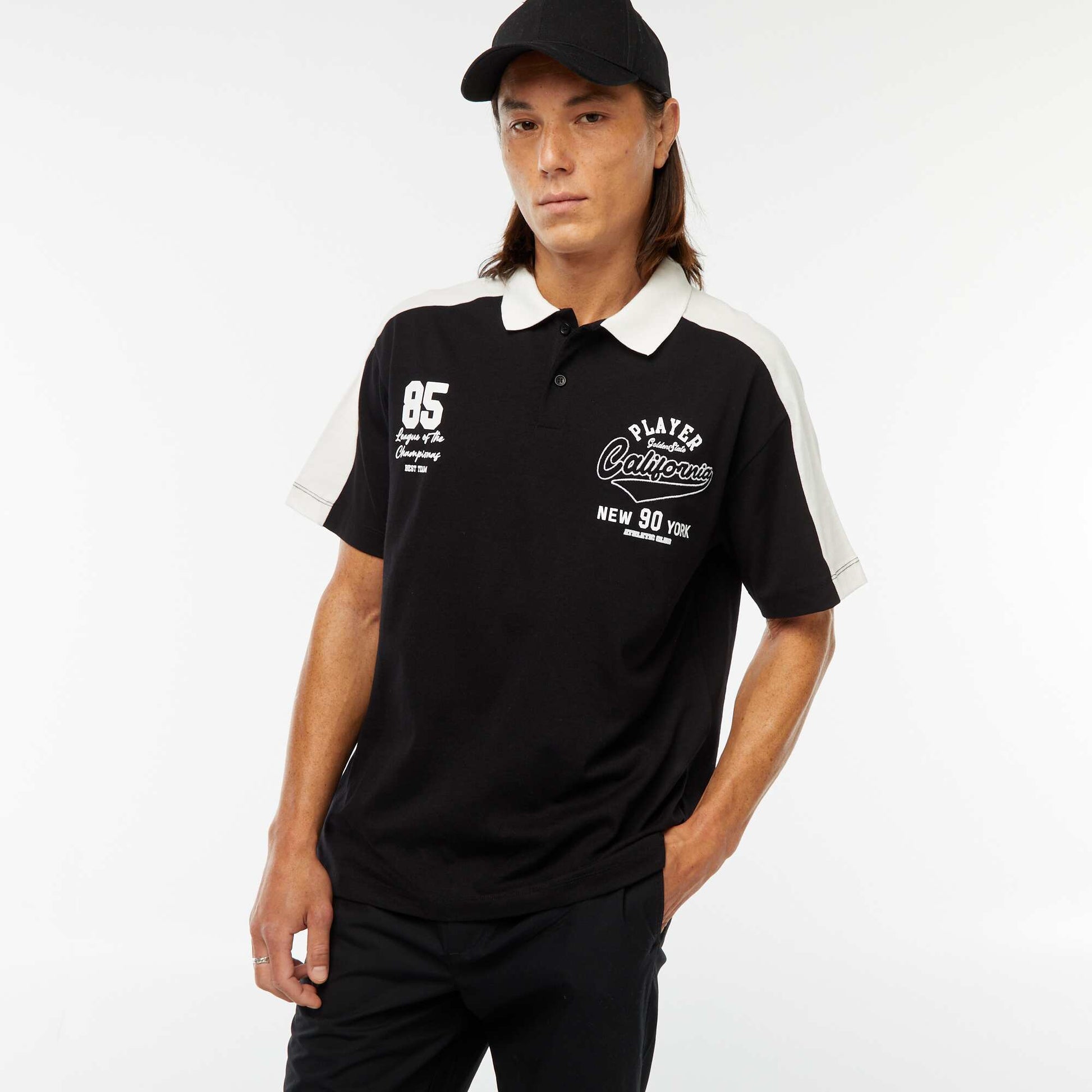 Polo en coton style équipe de baseball américaine NOIR