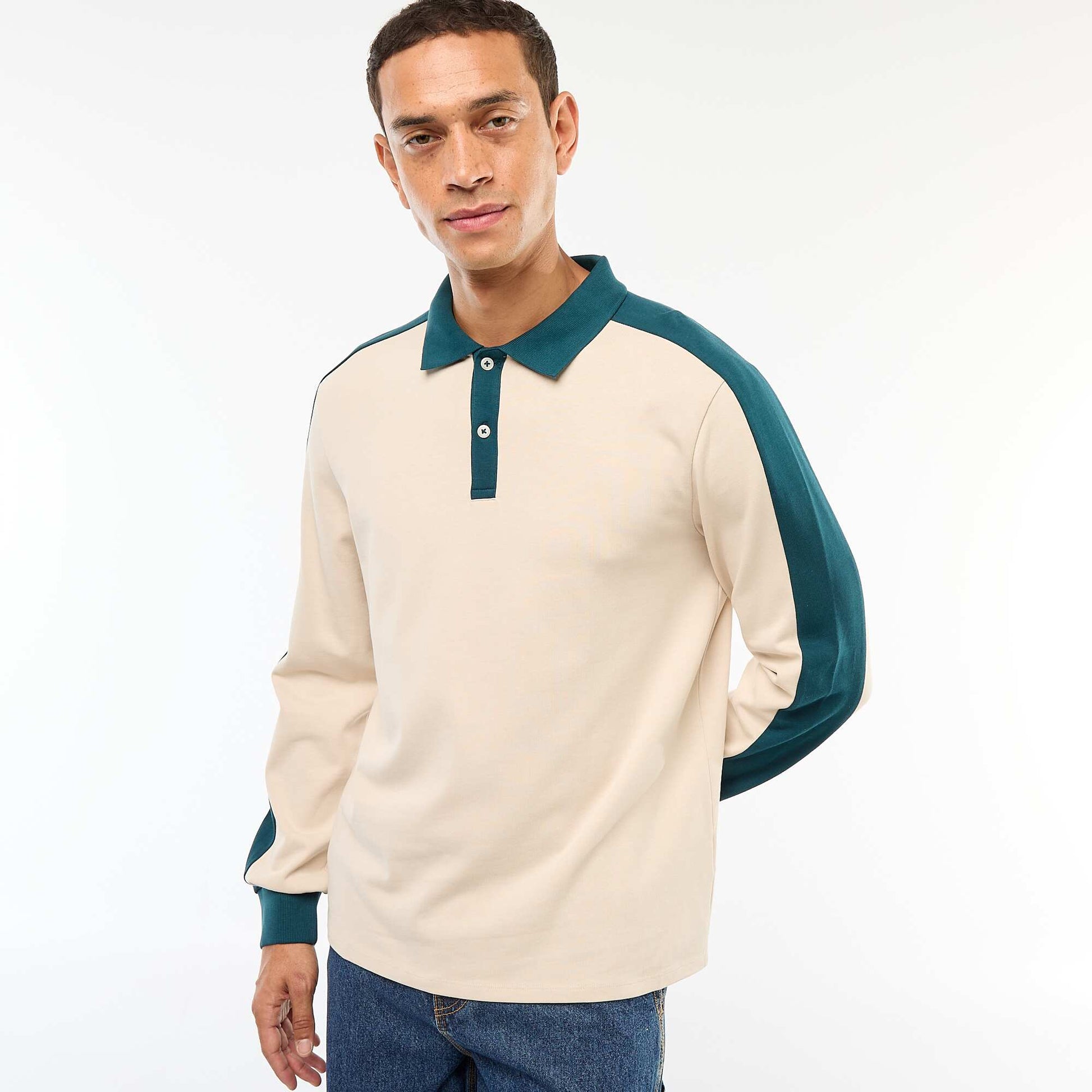 Polo bicolore à manches longues BEIGE
