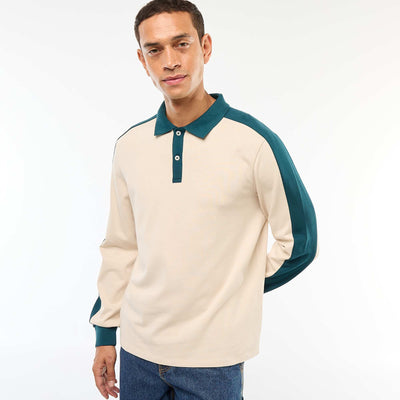 Polo bicolore à manches longues BEIGE