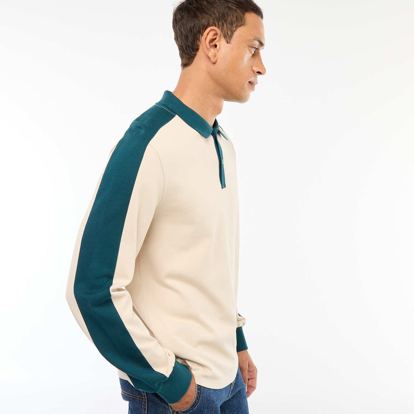 Polo bicolore à manches longues BEIGE