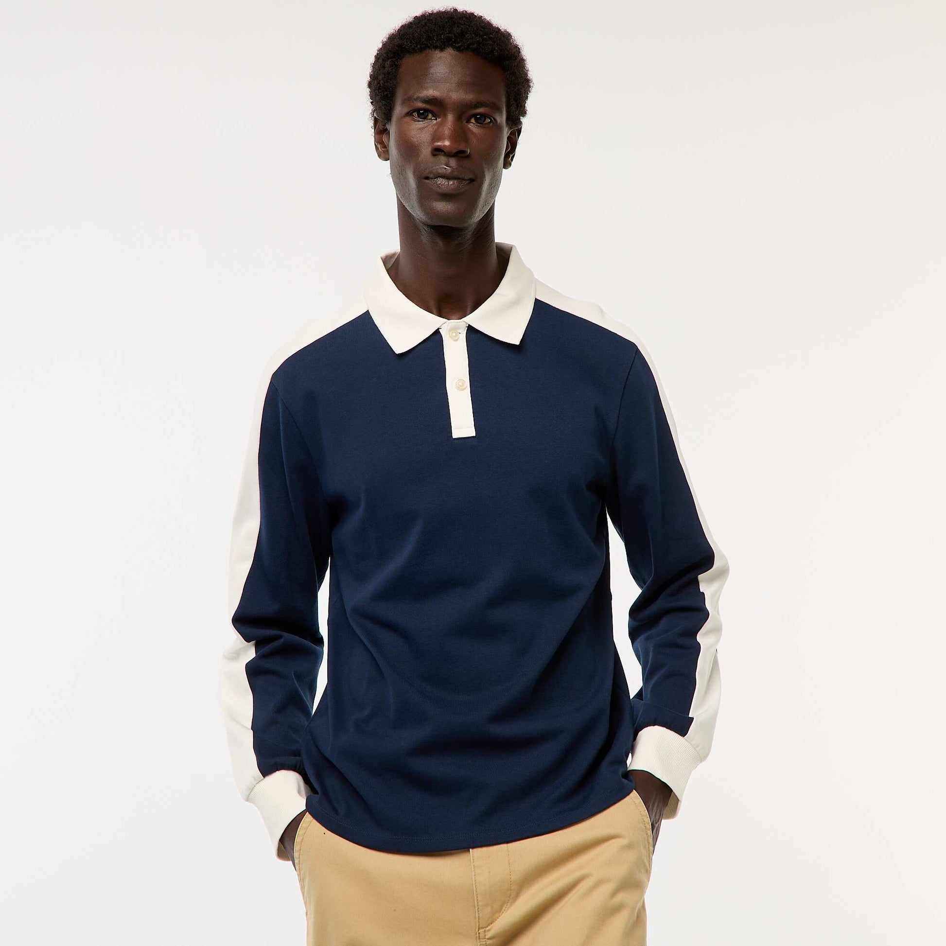 Polo bicolore à manches longues BLEU