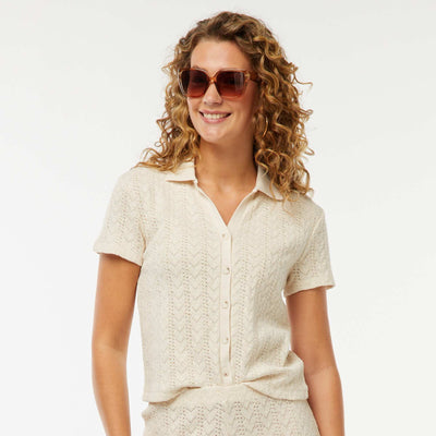 Tee-shirt col polo maille crochet ECRU
