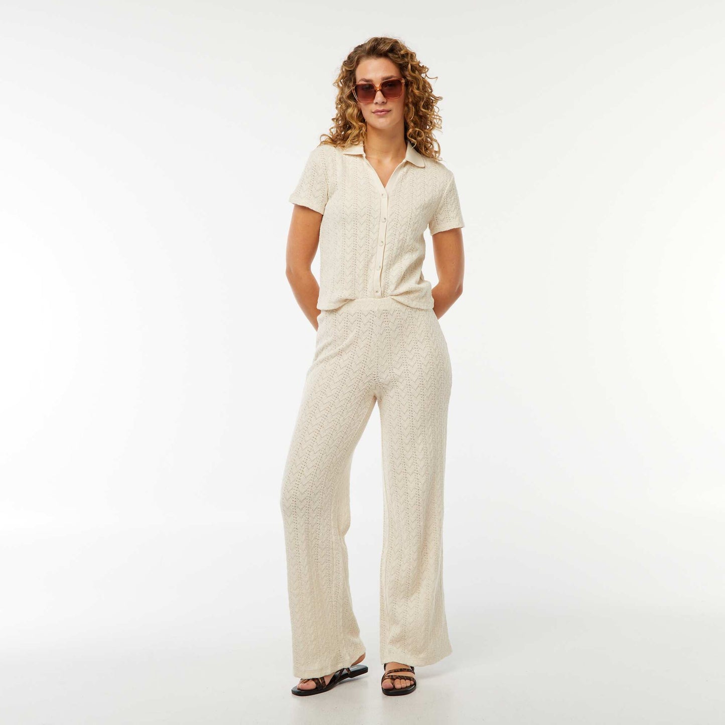 Tee-shirt col polo maille crochet ECRU
