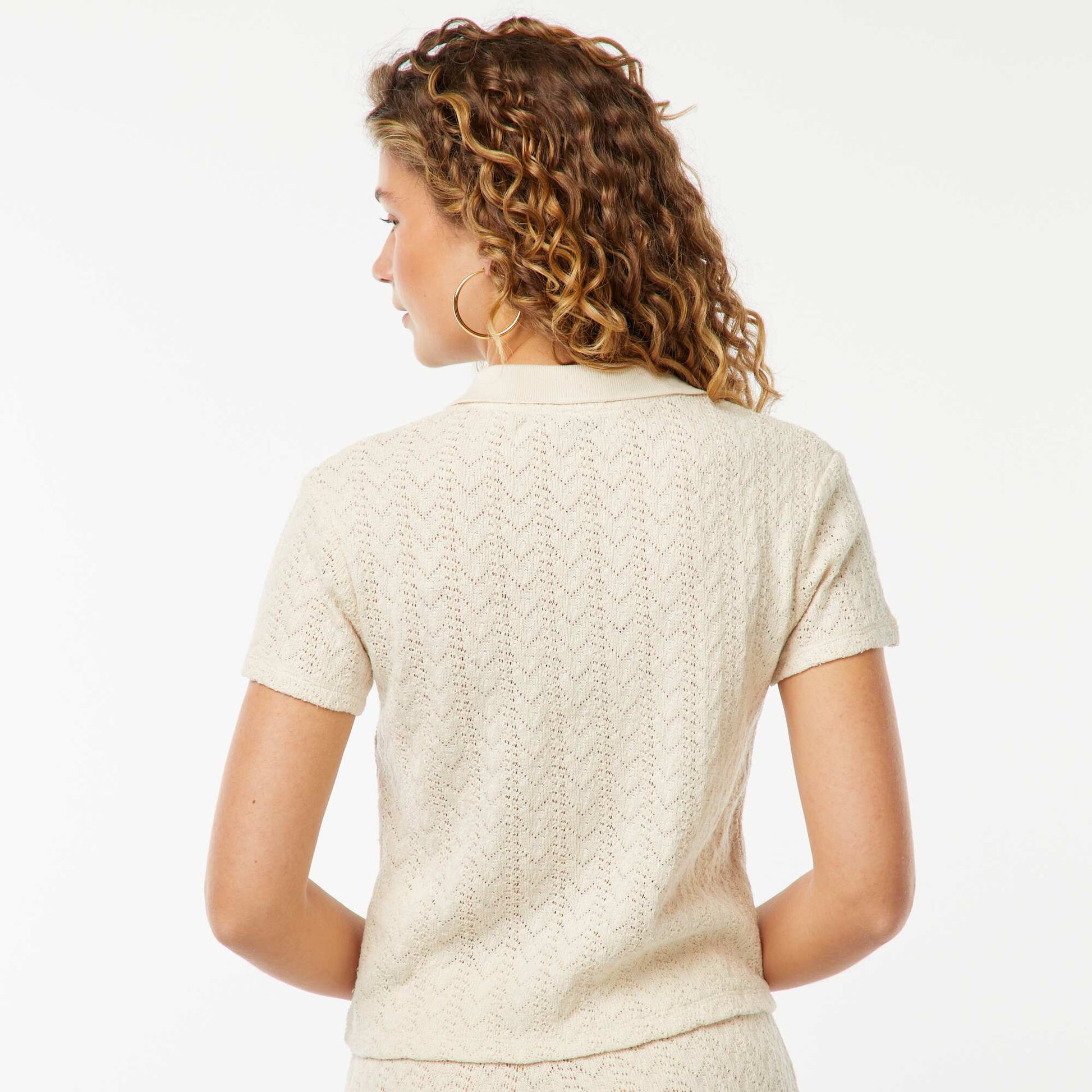 Tee-shirt col polo maille crochet ECRU