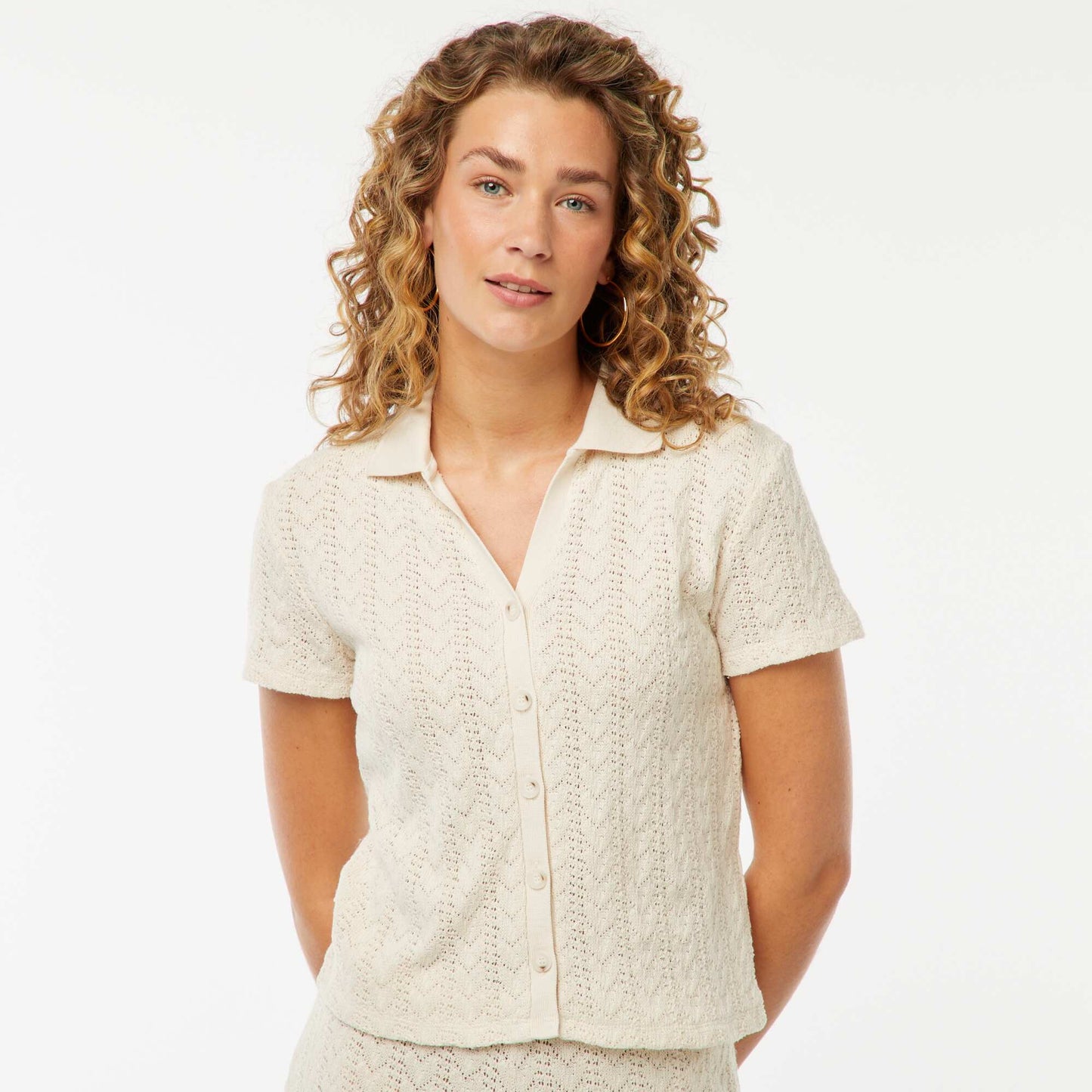 Tee-shirt col polo maille crochet ECRU