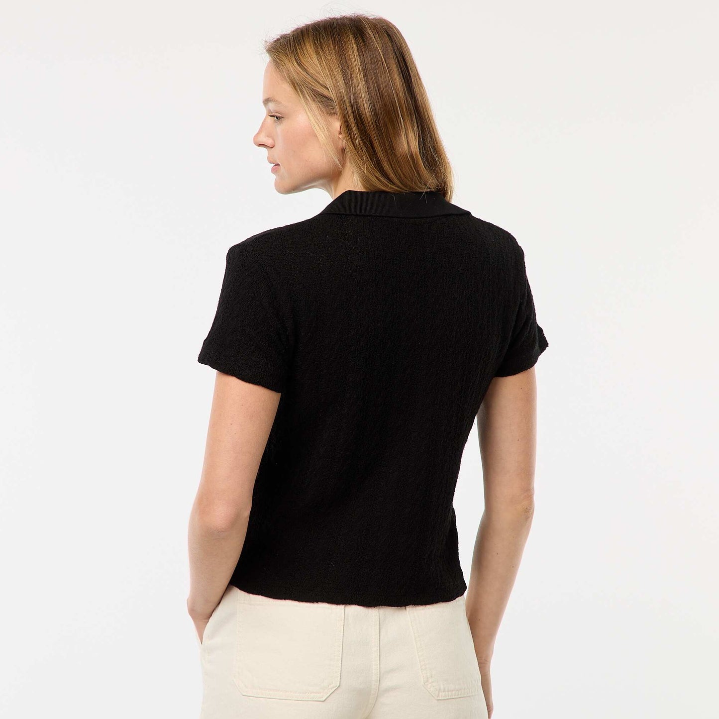 Tee-shirt col polo maille crochet NOIR
