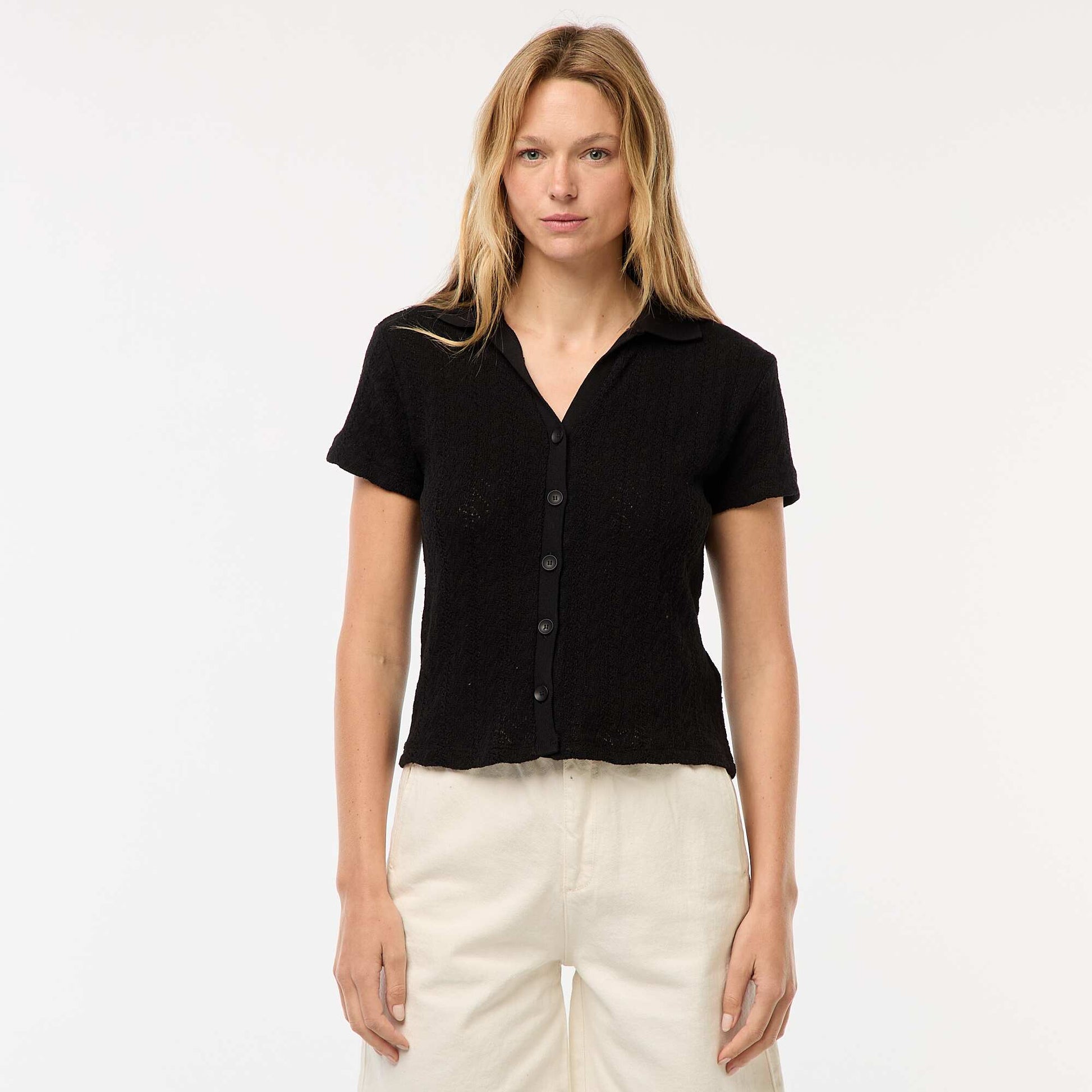 Tee-shirt col polo maille crochet NOIR