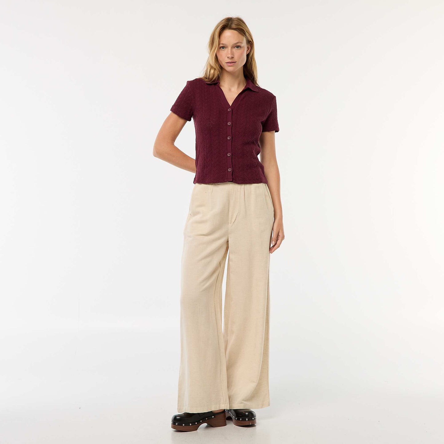 Tee-shirt col polo maille crochet BORDEAUX