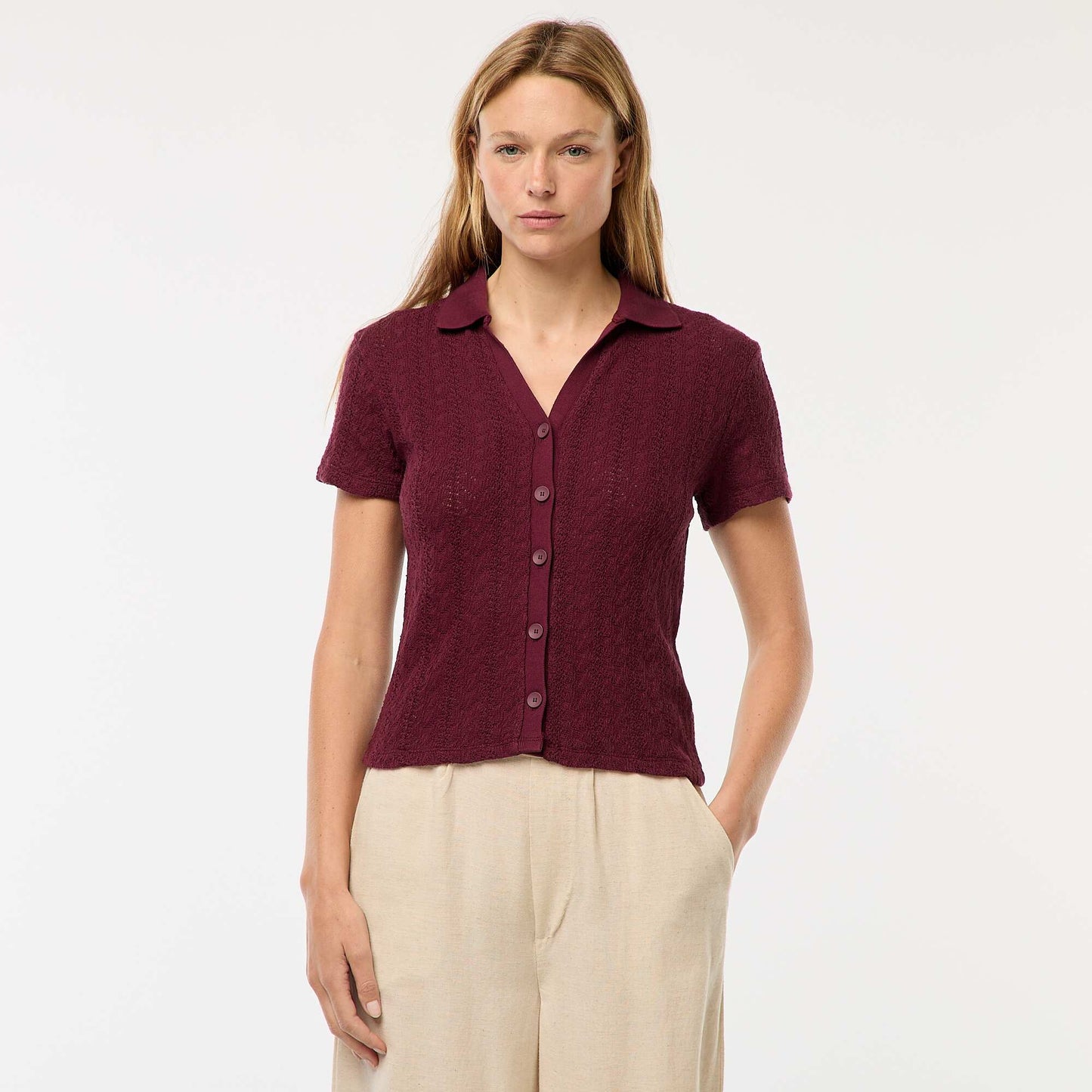 Tee-shirt col polo maille crochet BORDEAUX