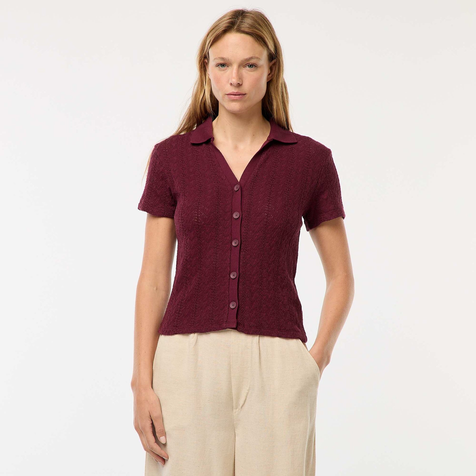 Tee-shirt col polo maille crochet BORDEAUX