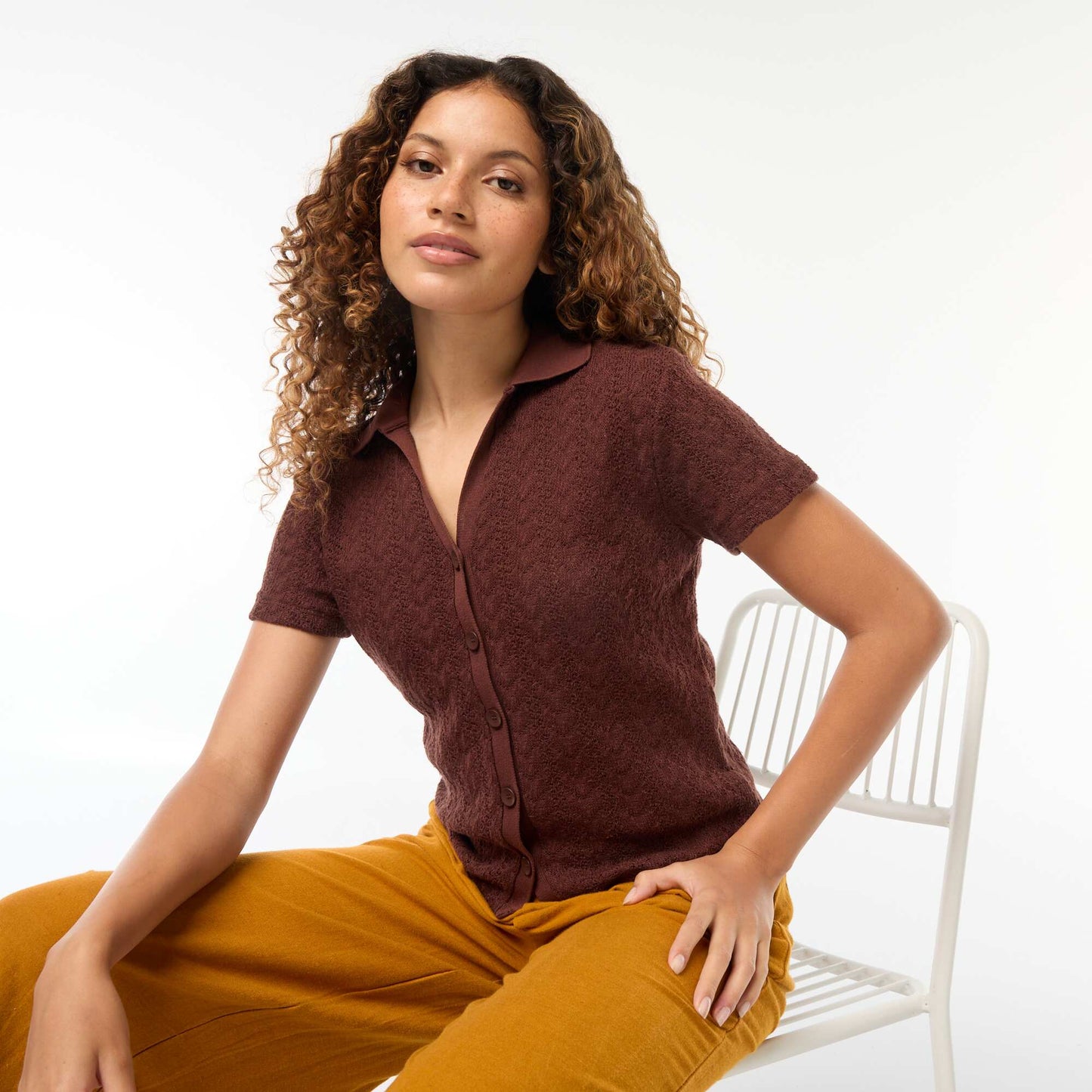 Tee-shirt col polo maille crochet MARRON