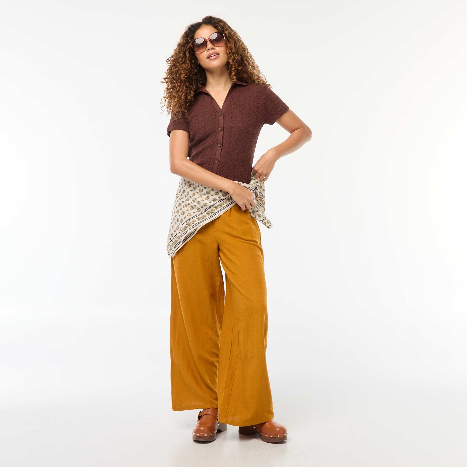 Tee-shirt col polo maille crochet MARRON