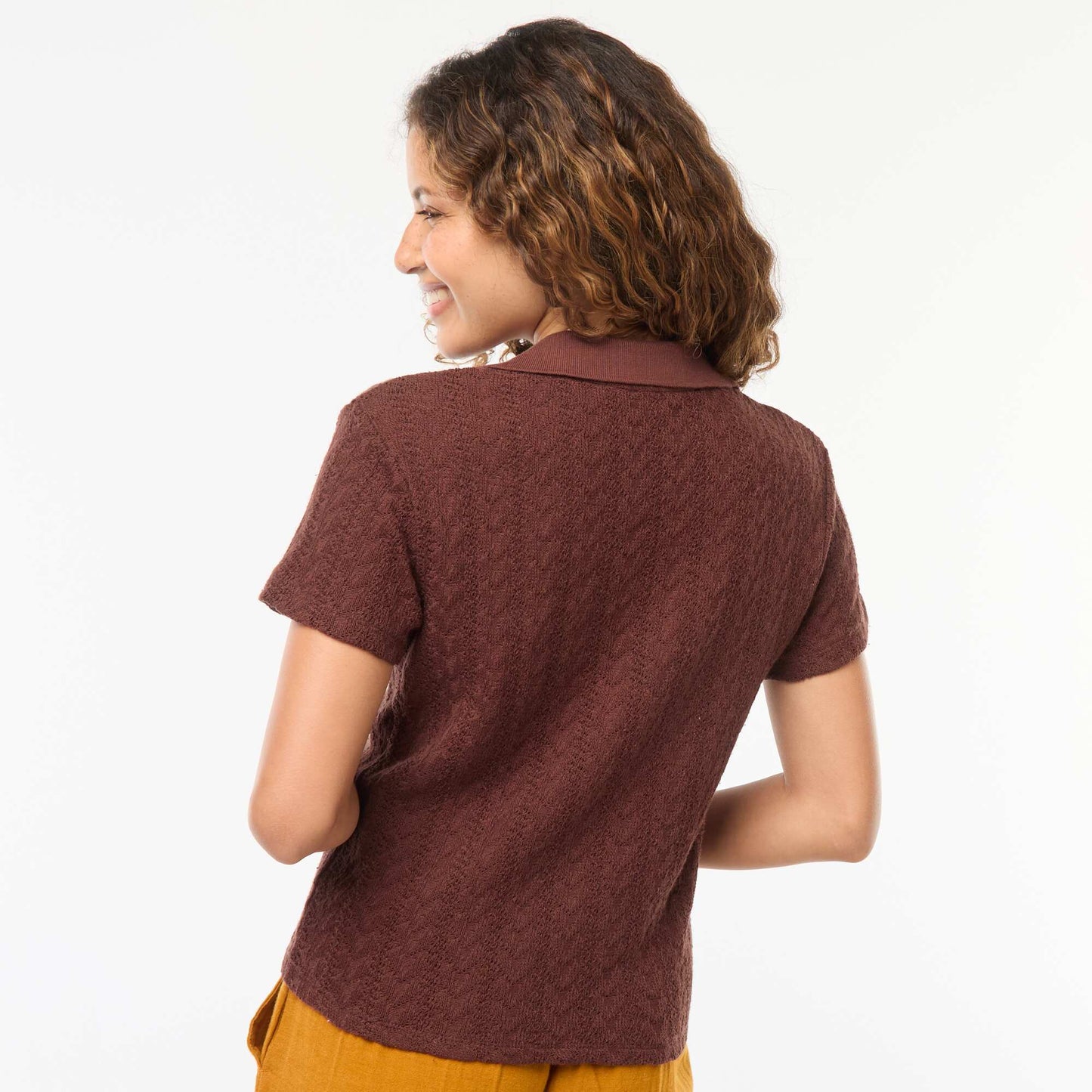 Tee-shirt col polo maille crochet MARRON