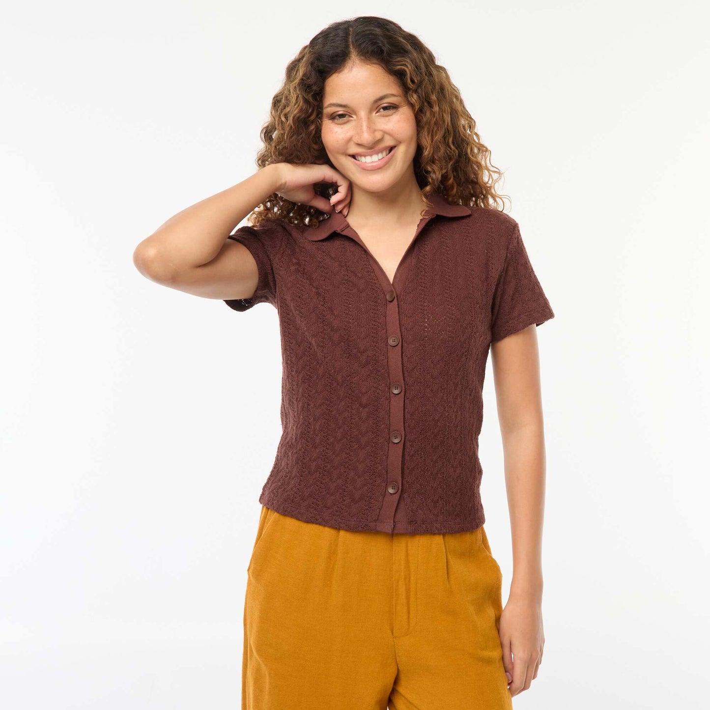 Tee-shirt col polo maille crochet MARRON