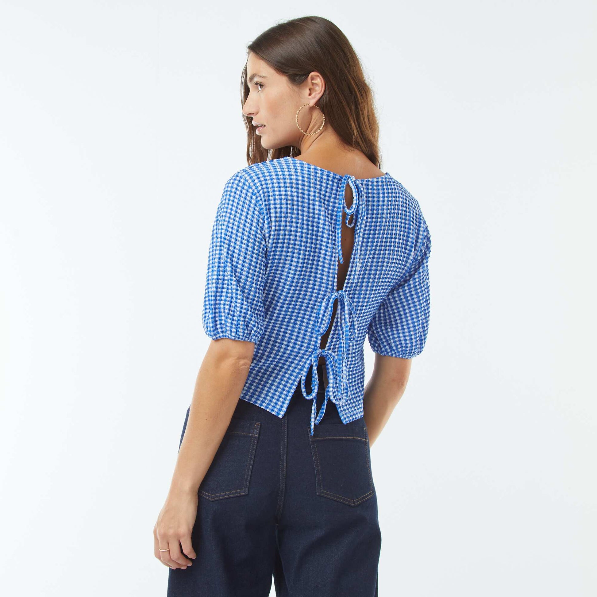 Blouse avec liens à nouer BLEU VICHY