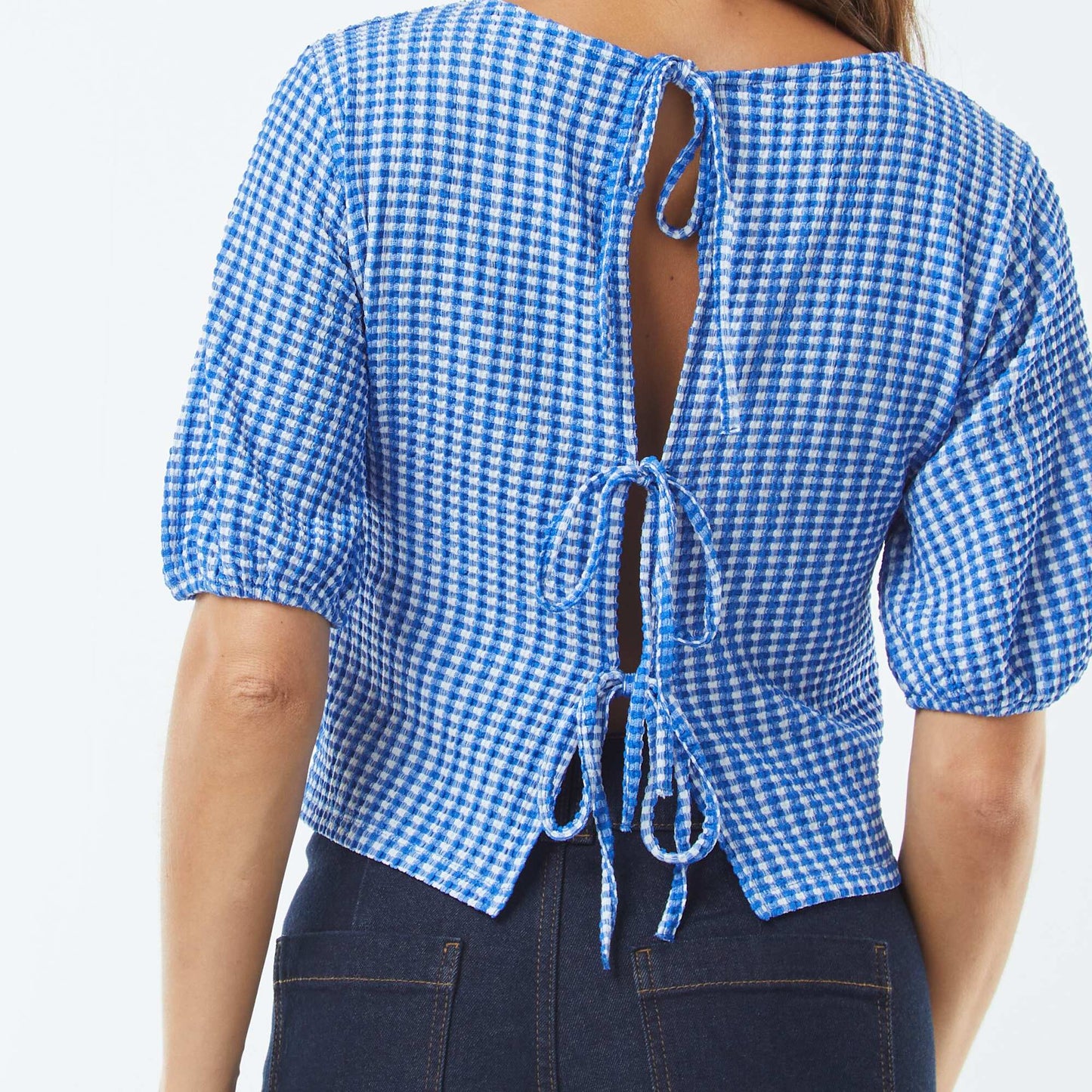 Blouse avec liens à nouer BLEU VICHY