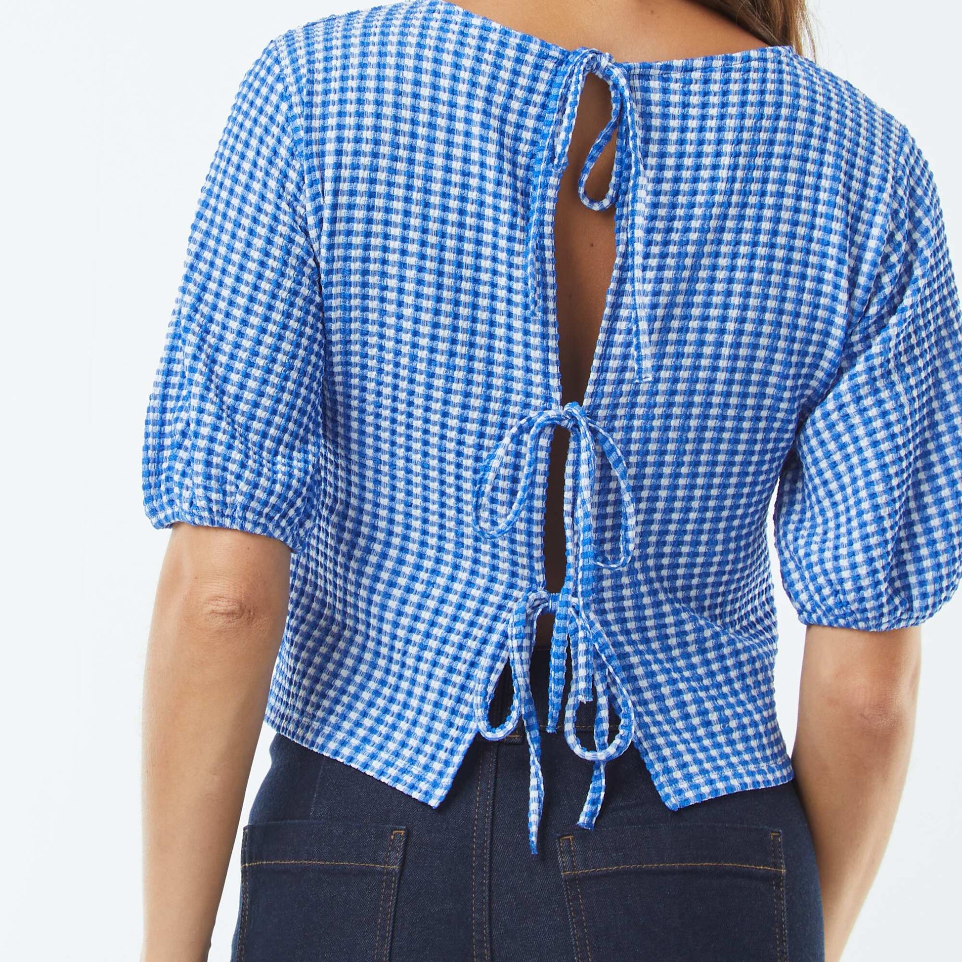 Blouse avec liens à nouer BLEU VICHY