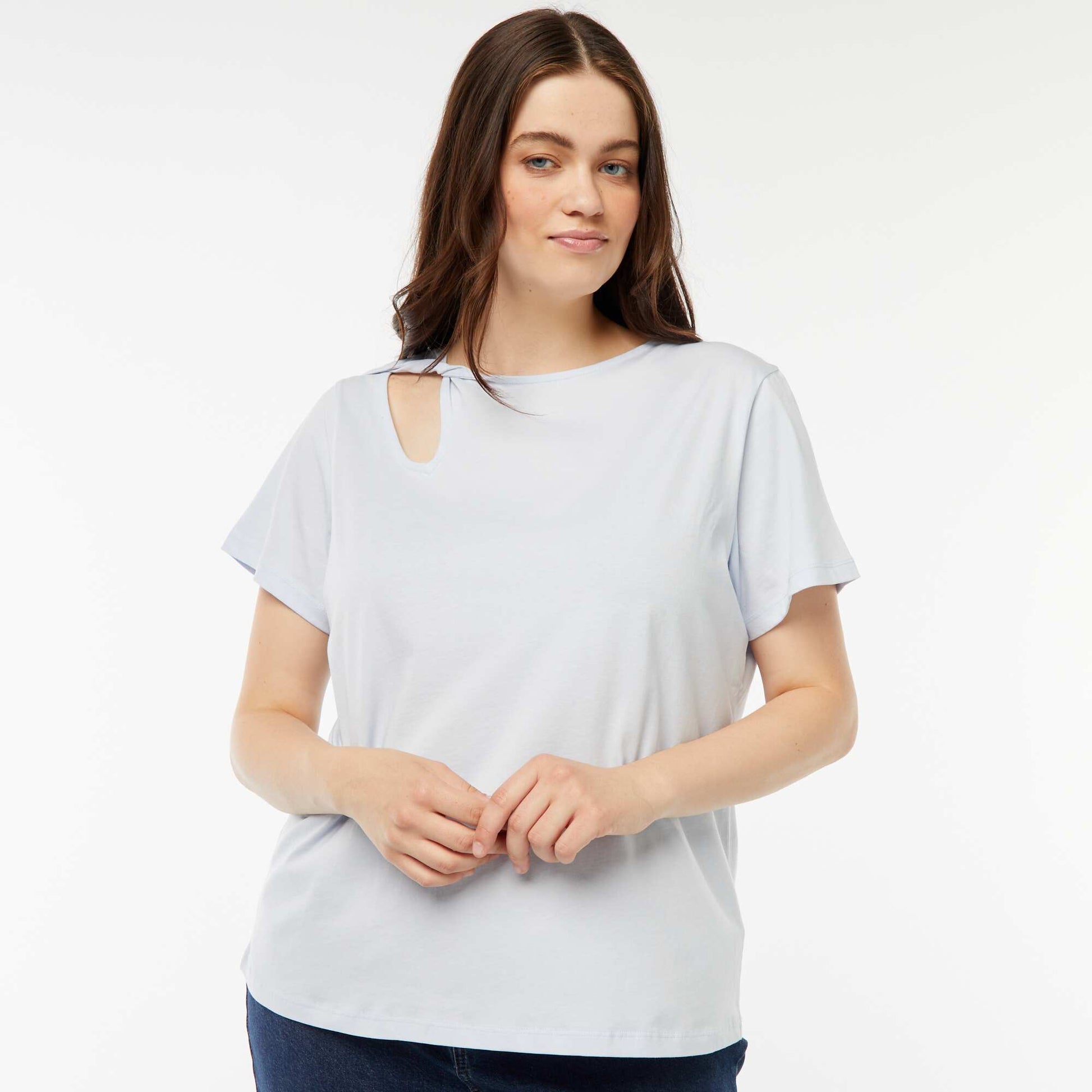 T-shirt uni avec fente ajourée avec effet twxité BLEU