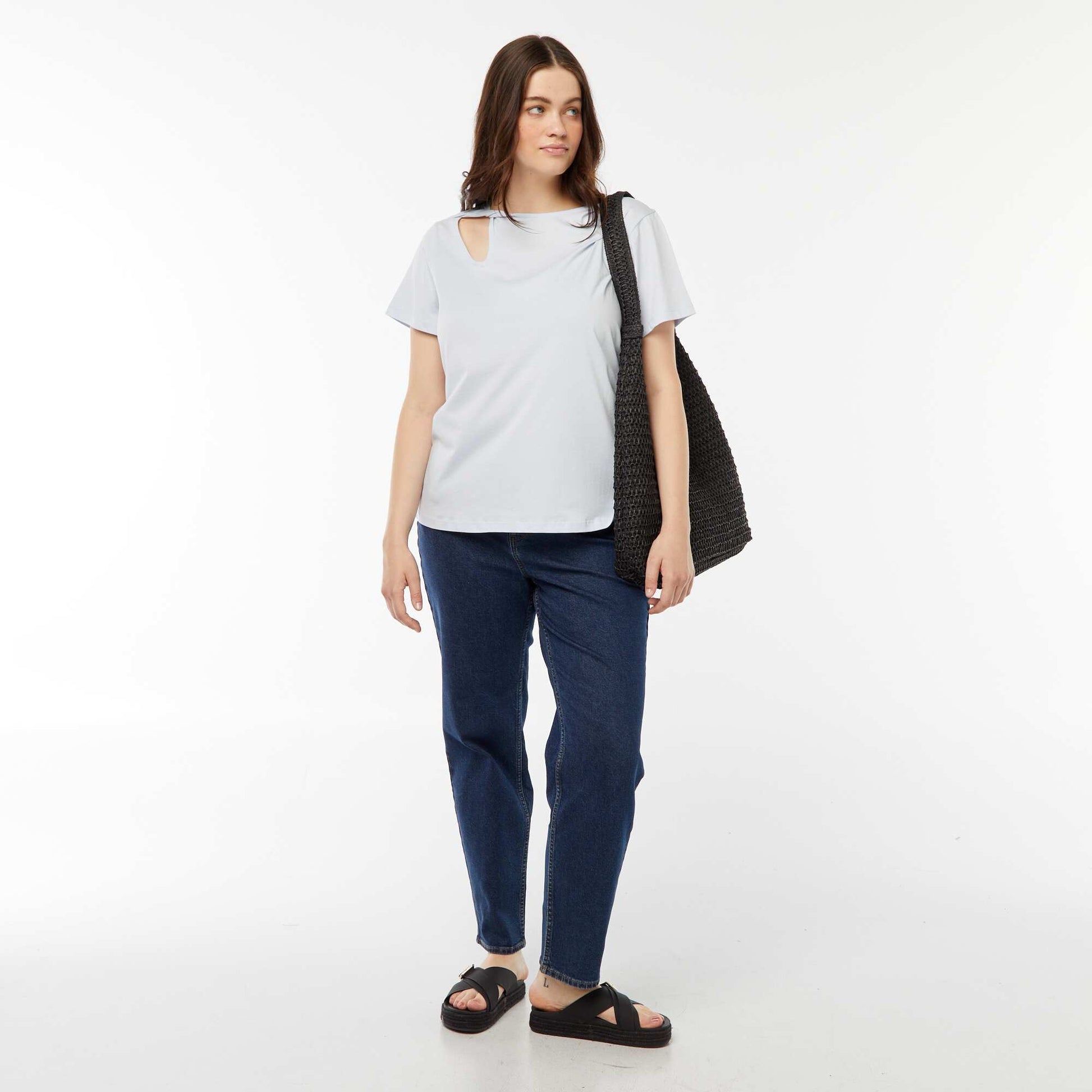 T-shirt uni avec fente ajourée avec effet twxité BLEU