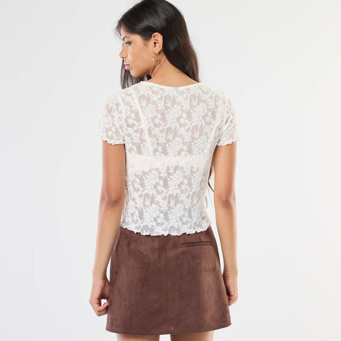 T-shirt en dentelle à manches courtes BLANC