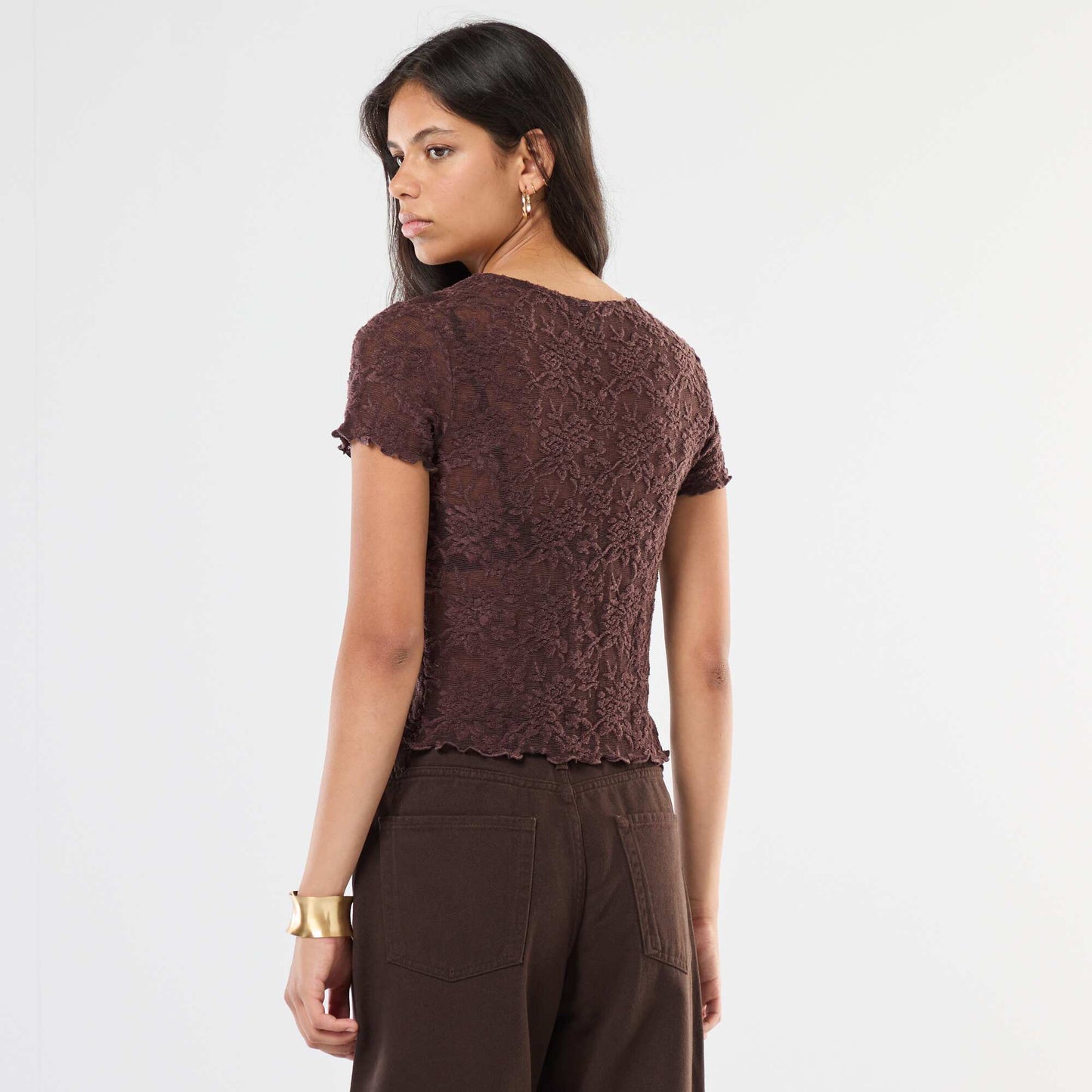 T-shirt en dentelle à manches courtes MARRON