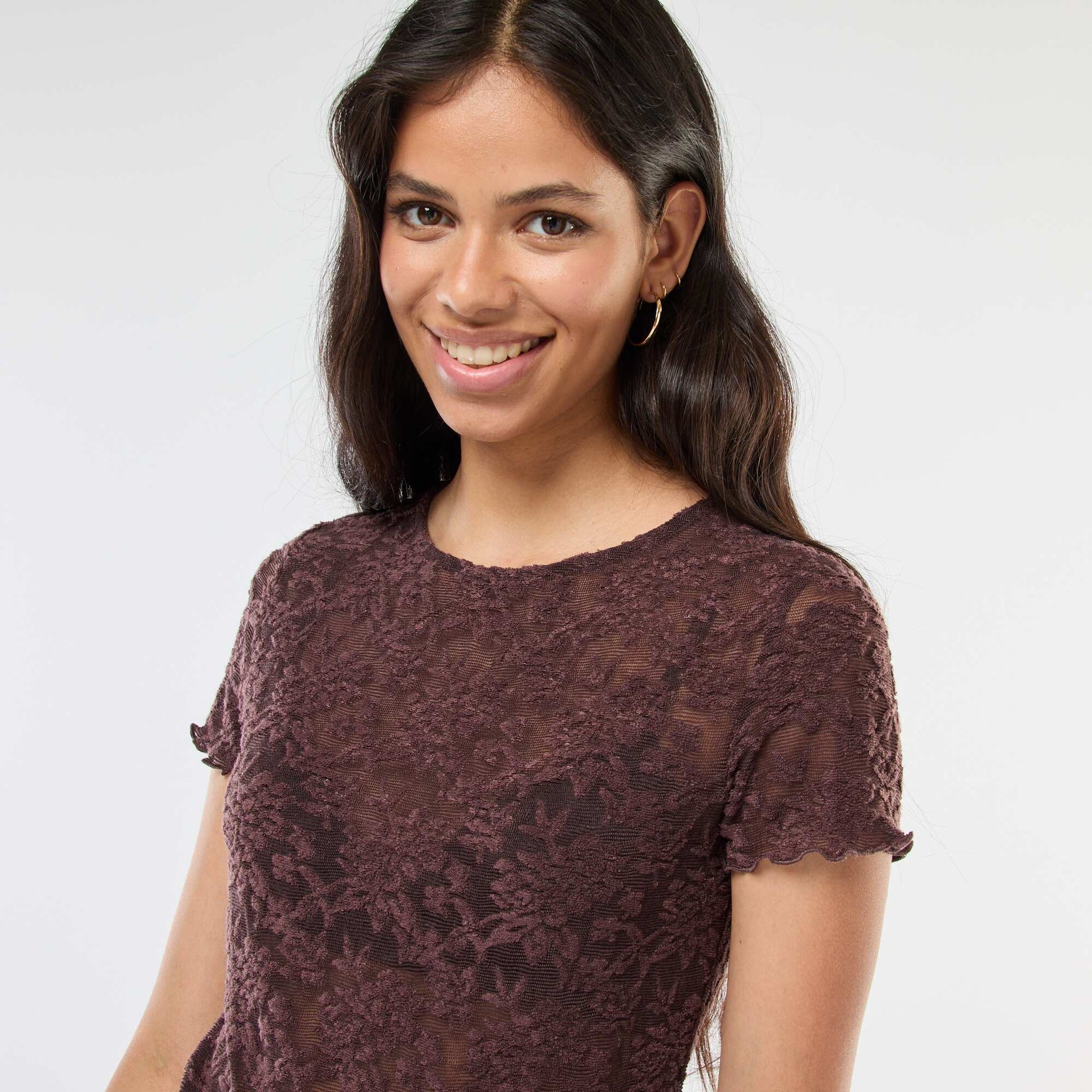 T-shirt en dentelle à manches courtes MARRON