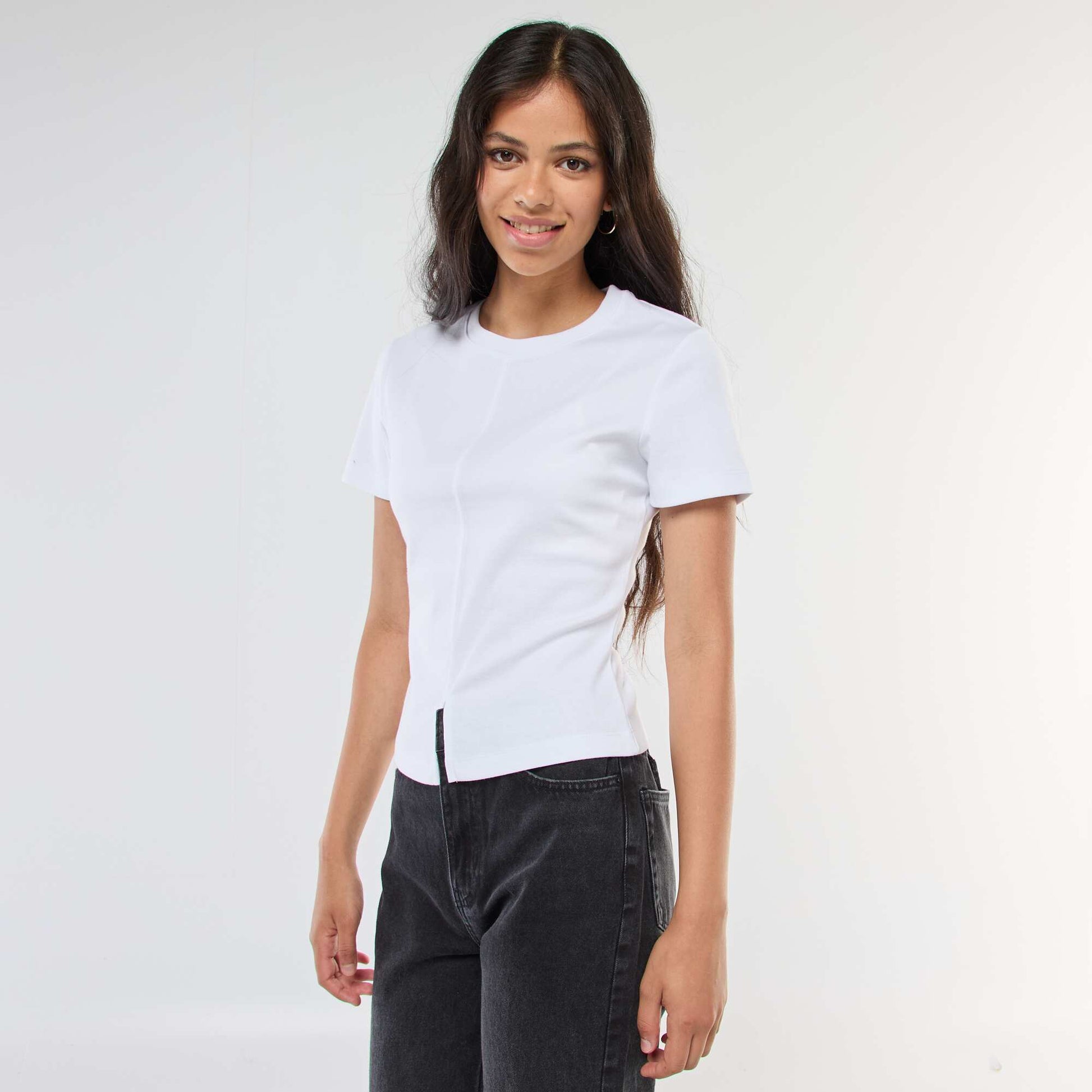 T-shirt uni en maille finement côtelé BLANC