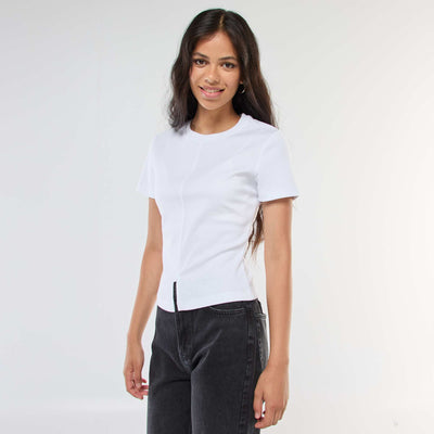 T-shirt uni en maille finement côtelé BLANC