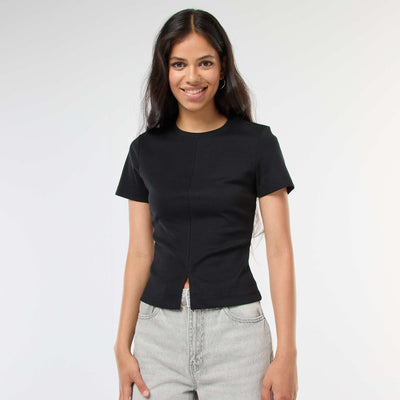 T-shirt uni en maille finement côtelé NOIR