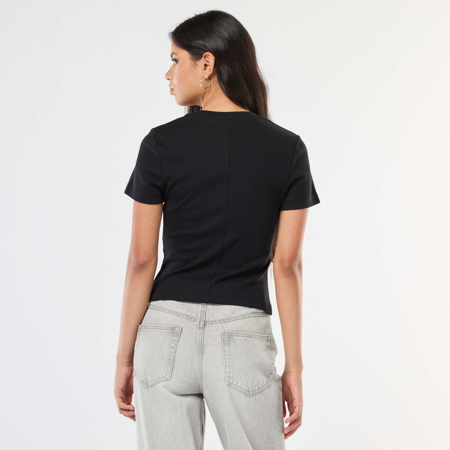 T-shirt uni en maille finement côtelé NOIR
