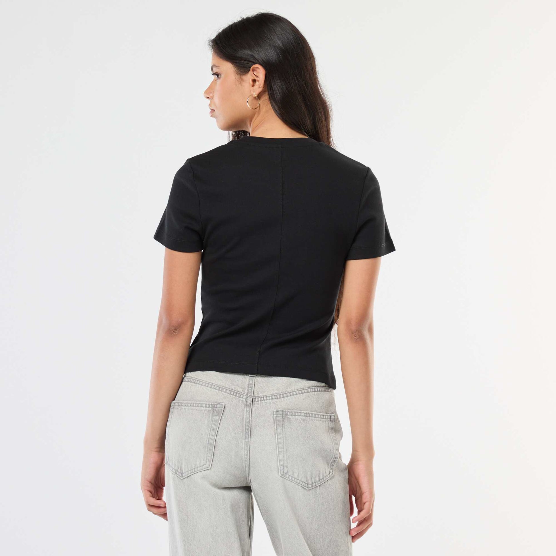 T-shirt uni en maille finement côtelé NOIR