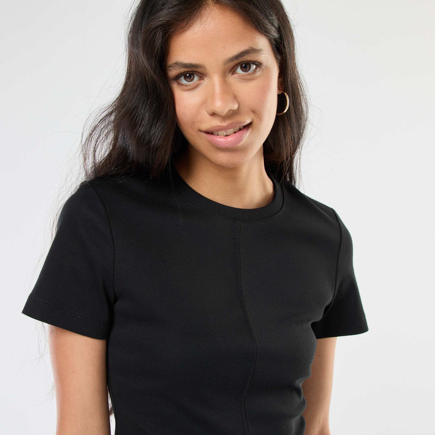 T-shirt uni en maille finement côtelé NOIR